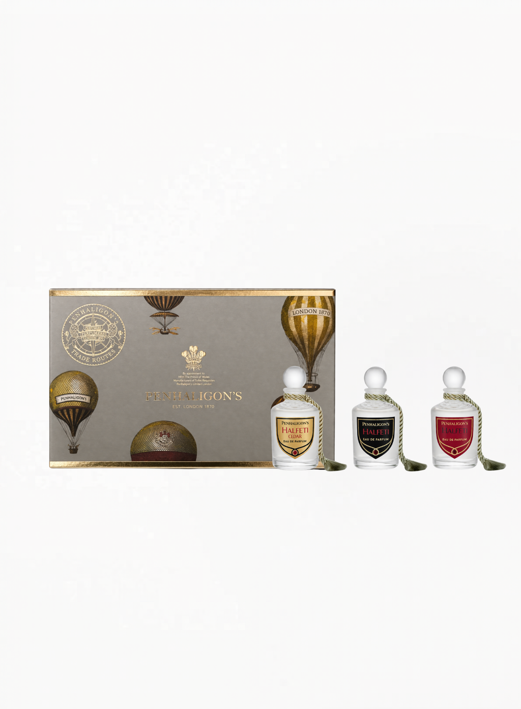 Penhaligon’s Halfeti Miniature Trio from the Trade Routes Collection featuring three 5ML luxury fragrance miniatures in an elegant collectible presentation by Exquisite.