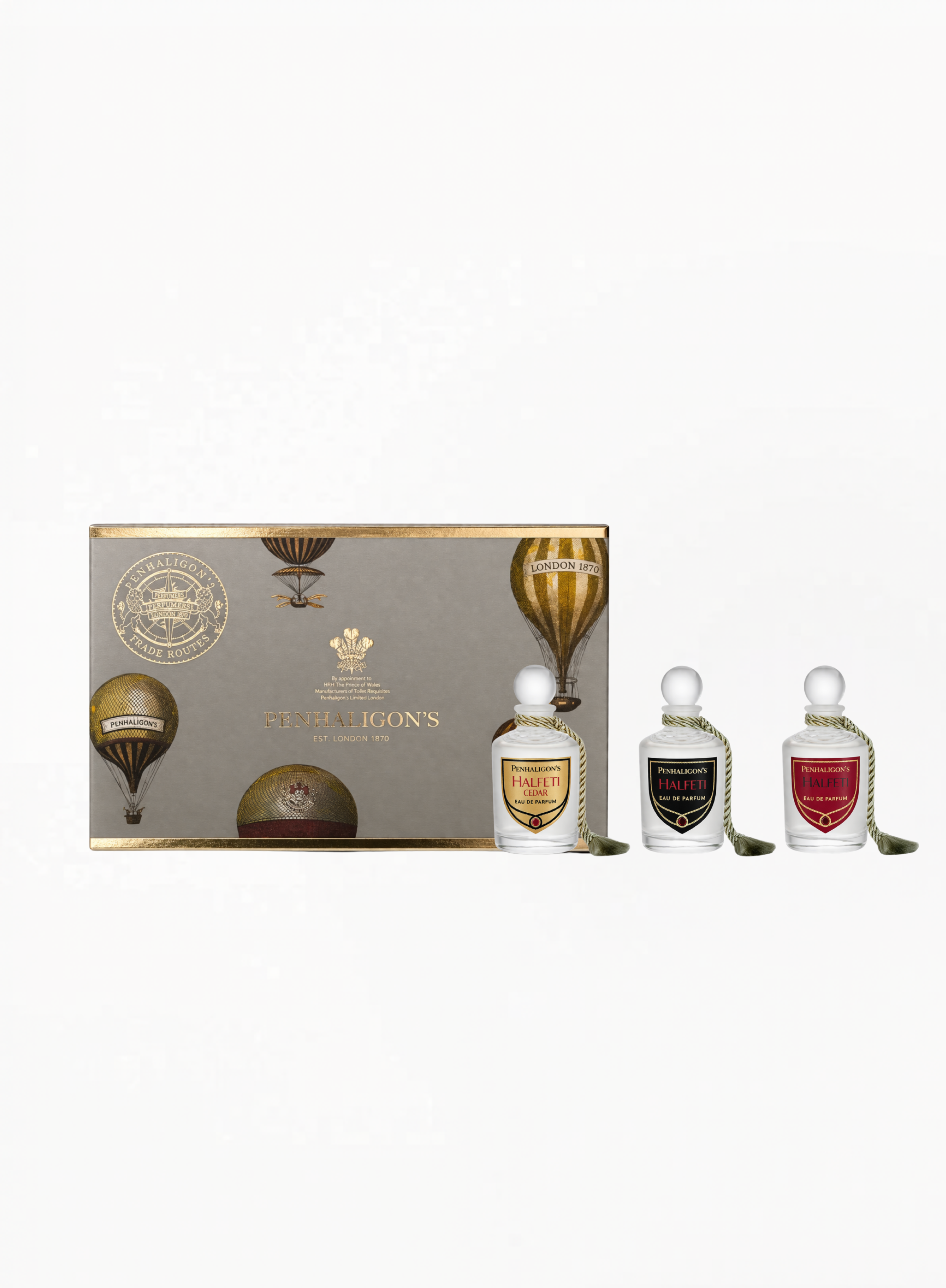 Penhaligon’s Halfeti Miniature Trio from the Trade Routes Collection featuring three 5ML luxury fragrance miniatures in an elegant collectible presentation by Exquisite.