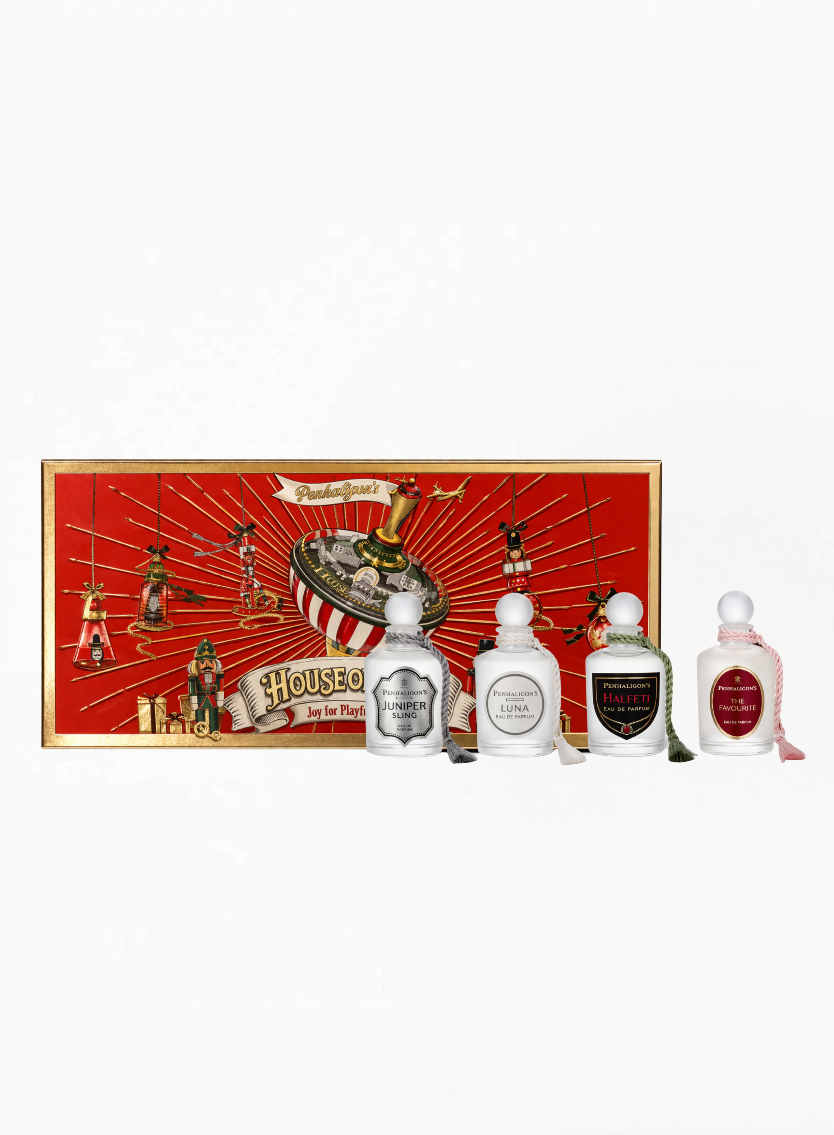 Penhaligon’s House of Toys Perfume Gift Set featuring collectible miniature fragrances in a whimsical luxury holiday-inspired presentation by Exquisite.