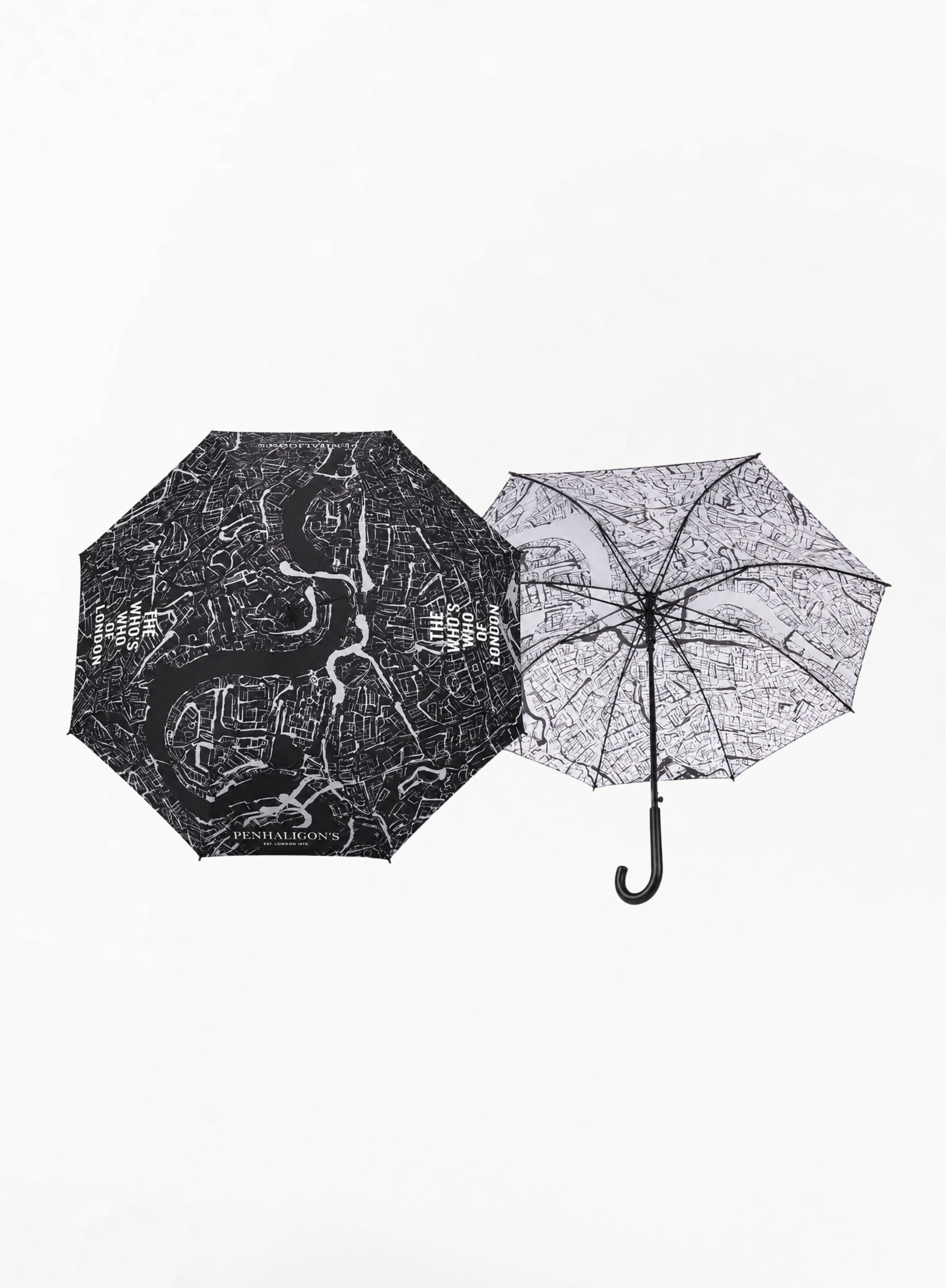 Penhaligon’s Limited Edition black and white umbrella with signature illustrated design and curved handle