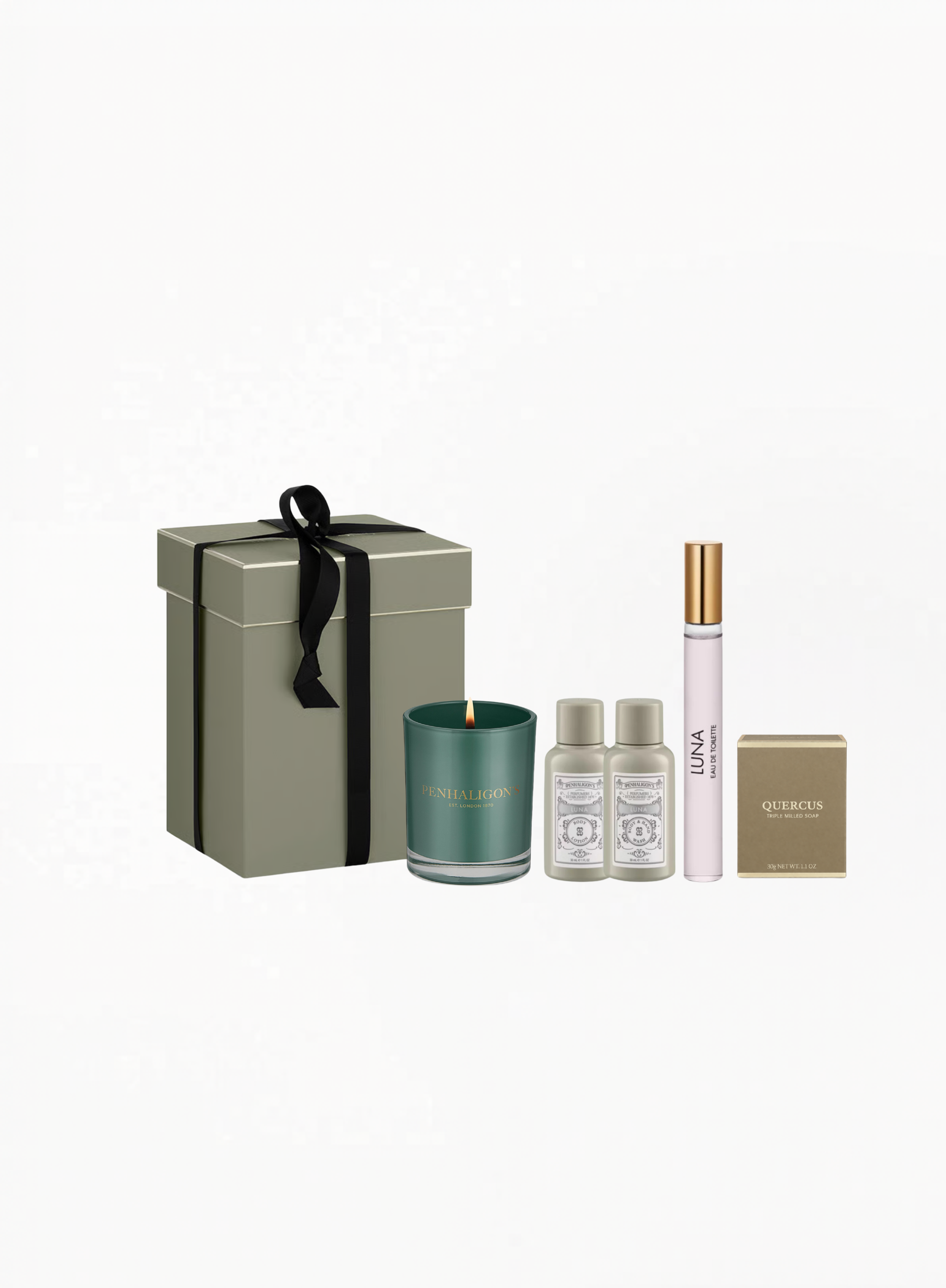 Penhaligon’s Luna Limited Edition Gift Set featuring a 10ml Luna fragrance, scented candle, body lotion, and shower gel in elegant branded packaging on a clean white background for Exquisite.