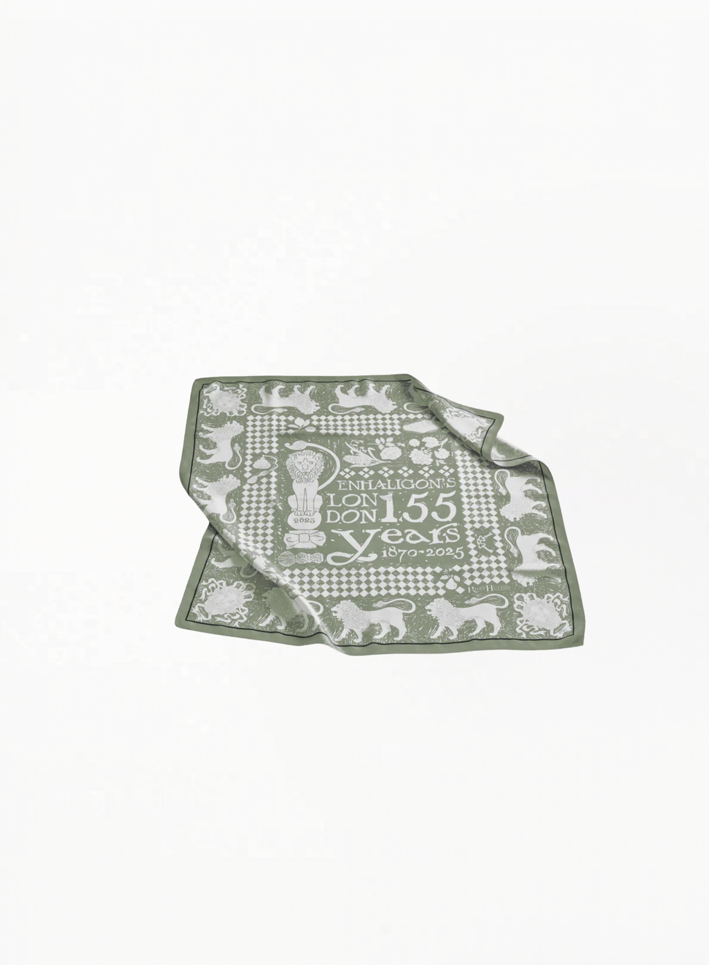 Penhaligon’s x Rory Hutton 155 Years Silk Scarf limited edition luxury accessory featuring artistic British-inspired illustration and elegant detailing on a clean white background for Exquisite.