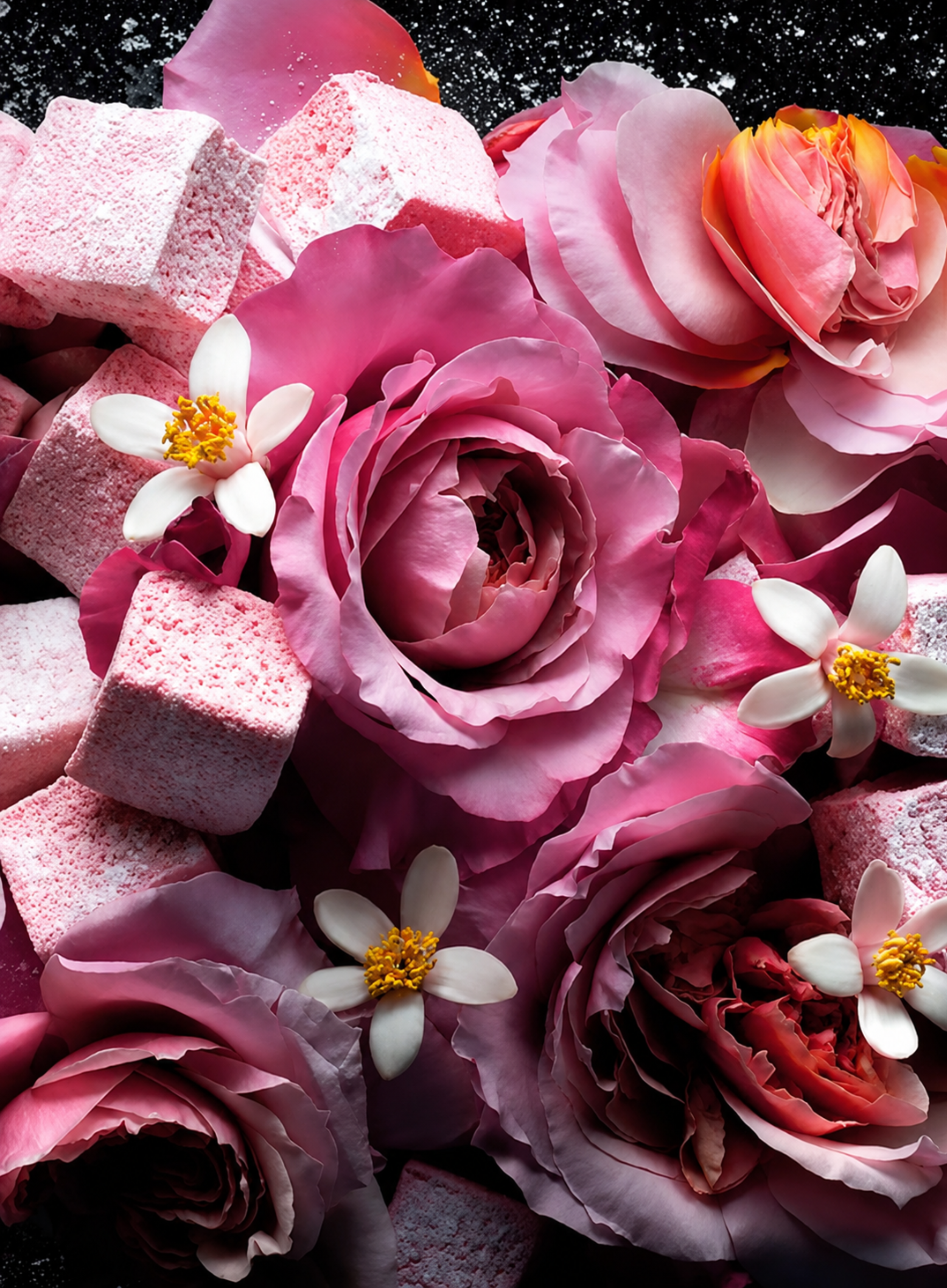 Pink marshmallows, blooming roses, and orange blossom flowers capturing the sweet floral inspiration behind KILIAN Love, Don’t Be Shy Eau de Parfum