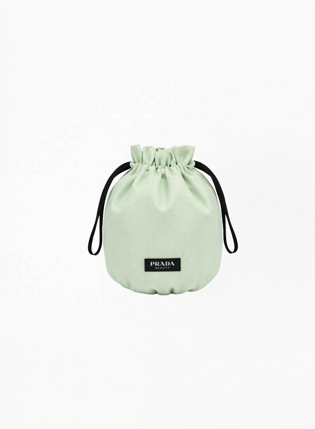 Prada Beauty drawstring pouch in structured fabric design with logo detail and compact silhouette on white background.