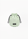 Prada Beauty drawstring pouch in structured fabric design with logo detail and compact silhouette on white background.