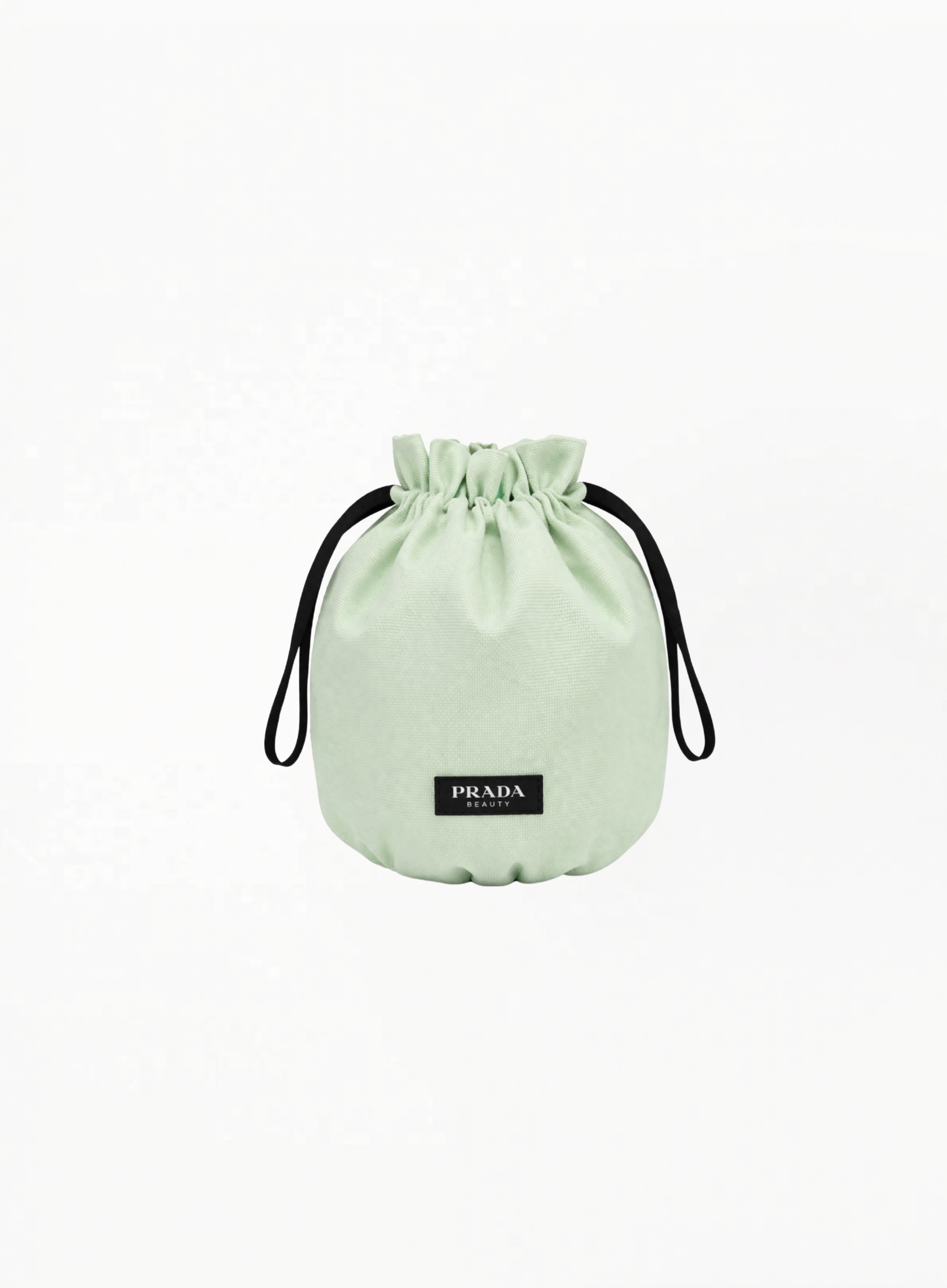 Prada Beauty drawstring pouch in structured fabric design with logo detail and compact silhouette on white background.