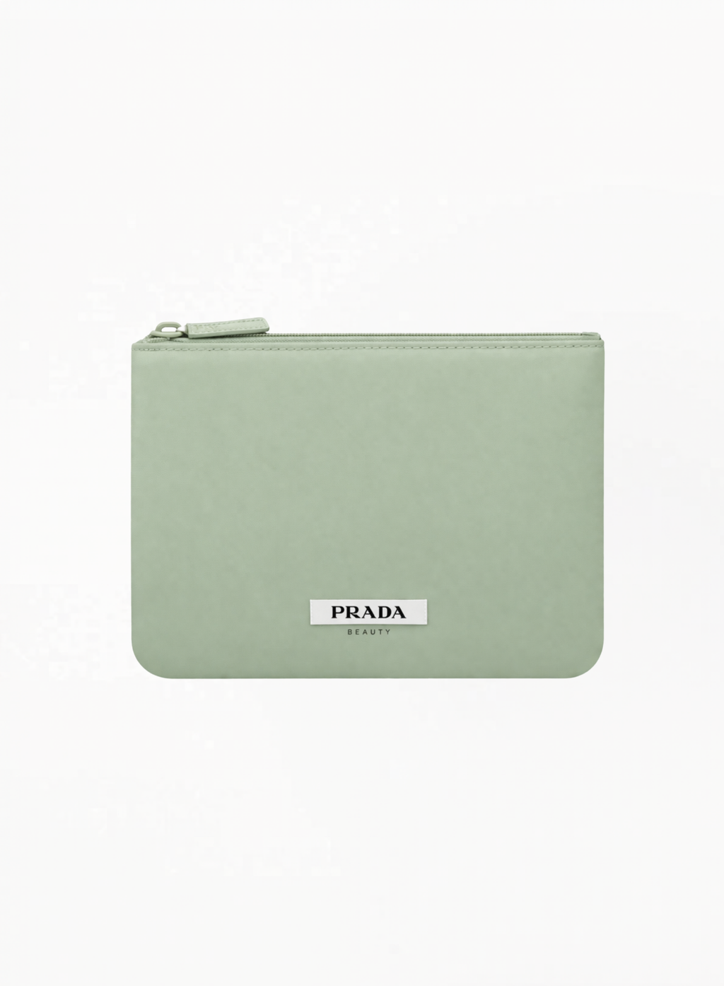 Prada Beauty limited edition mint green pouch with minimalist design and soft fabric finish on white background.