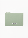 Prada Beauty limited edition mint green pouch with minimalist design and soft fabric finish on white background.