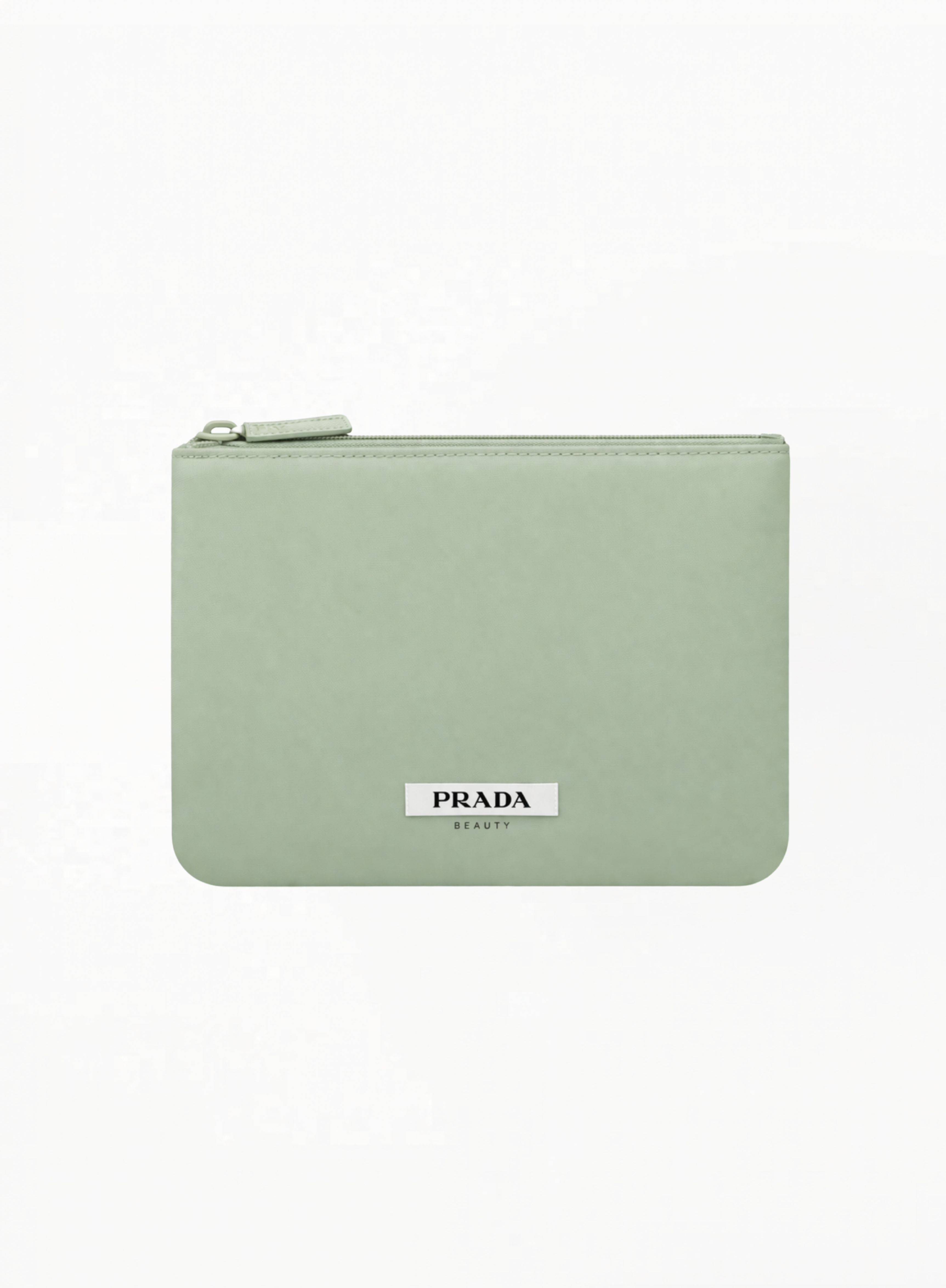 Prada Beauty limited edition mint green pouch with minimalist design and soft fabric finish on white background.