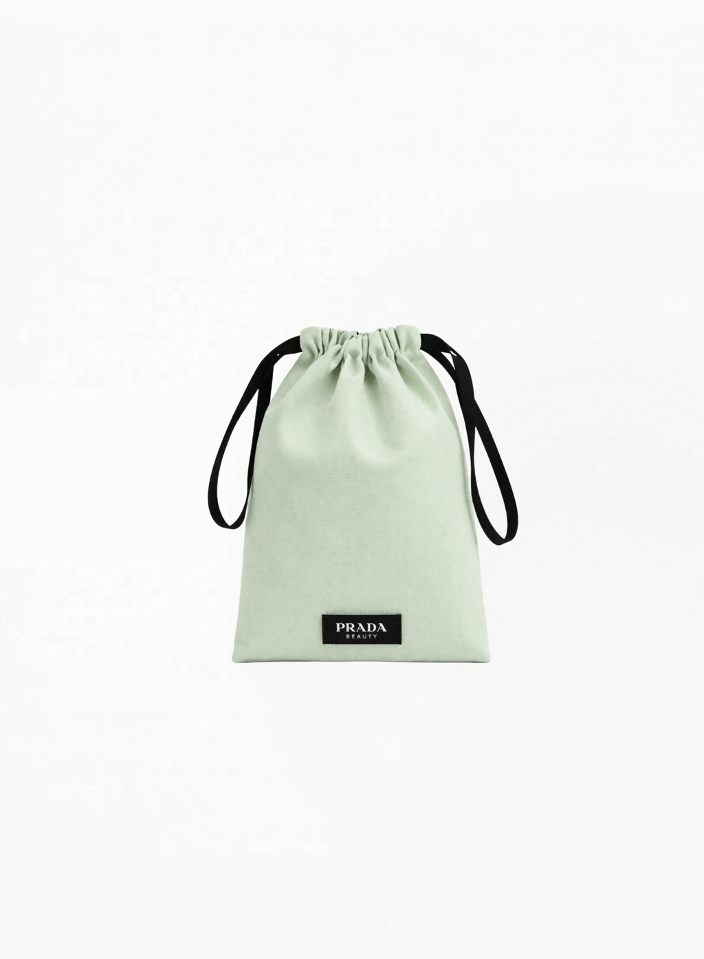 Prada Beauty neon green drawstring pouch with black logo print and soft fabric texture on white background.