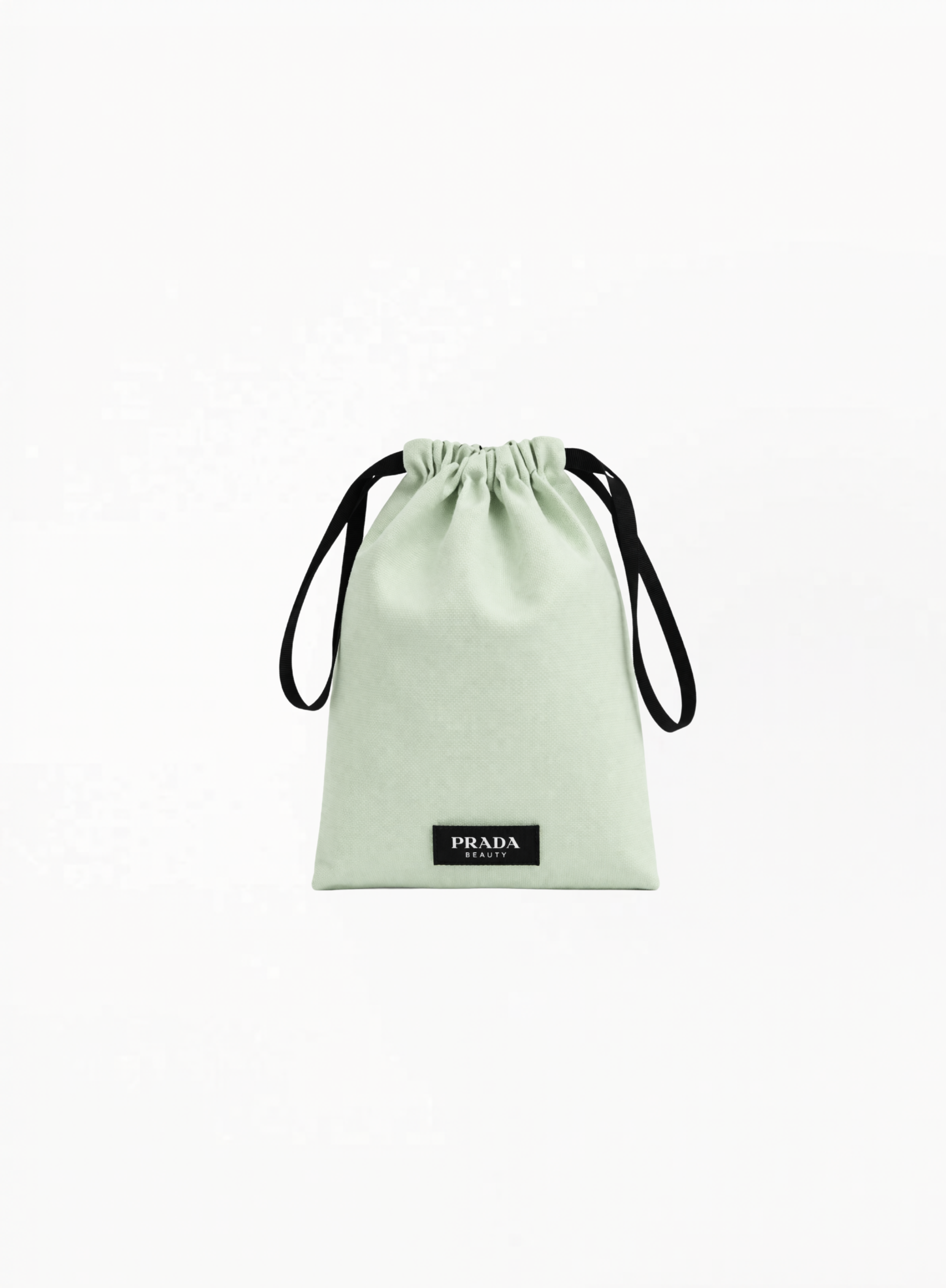 Prada Beauty neon green drawstring pouch with black logo print and soft fabric texture on white background.
