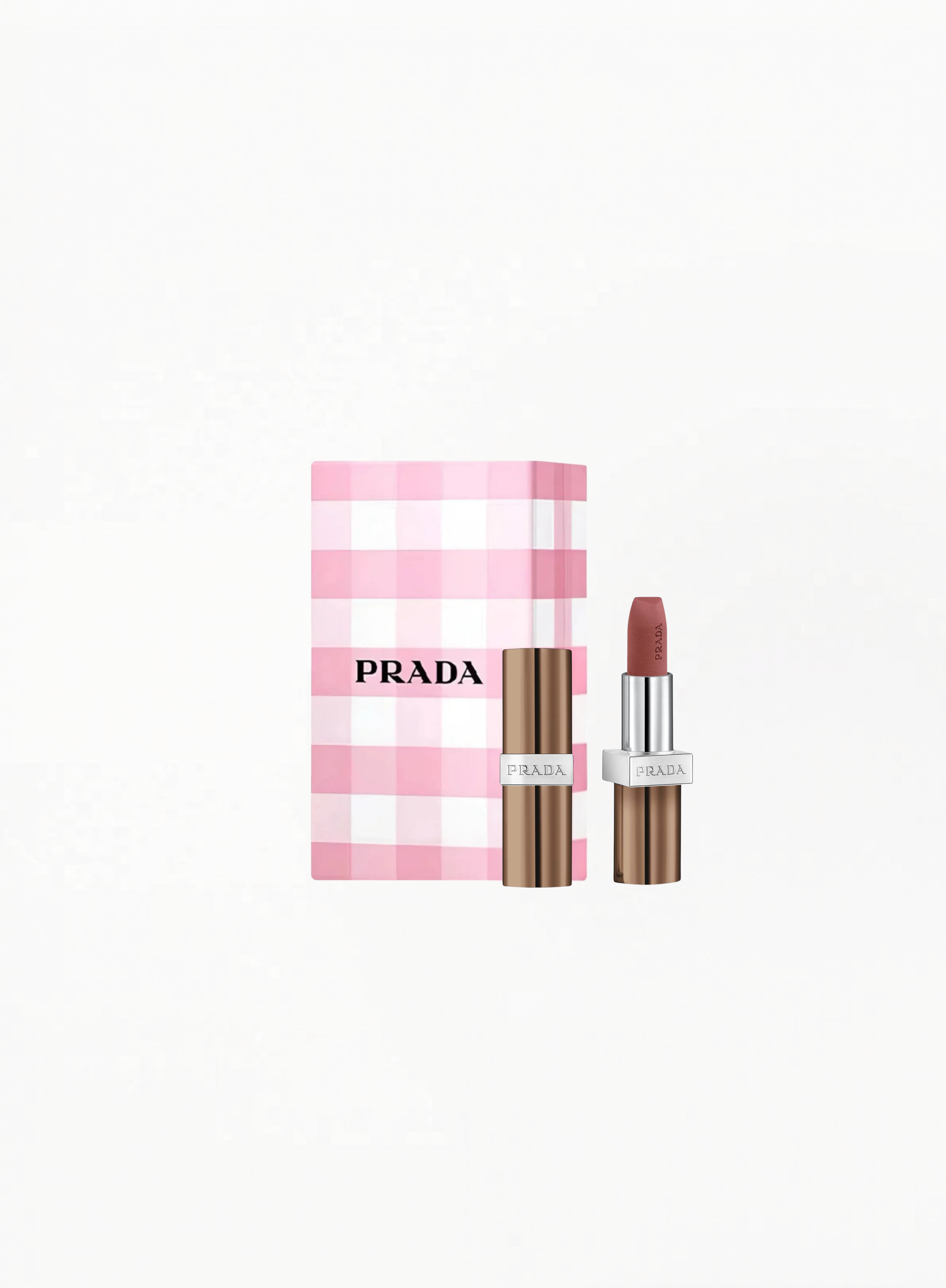 Prada Lipstick B107 presented in a Limited Edition brown Prada case and matching gift box, displayed on a clean background with authentic Prada Beauty luxury packaging and sophisticated elegant details.