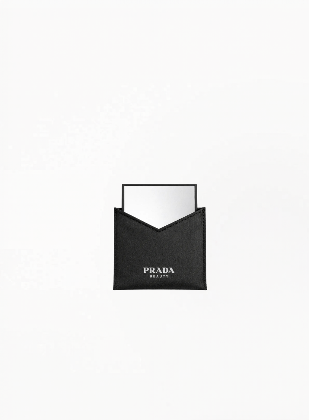 Prada black mirror with mini pouch in compact branded design on white background.