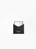 Prada black mirror with mini pouch in compact branded design on white background.