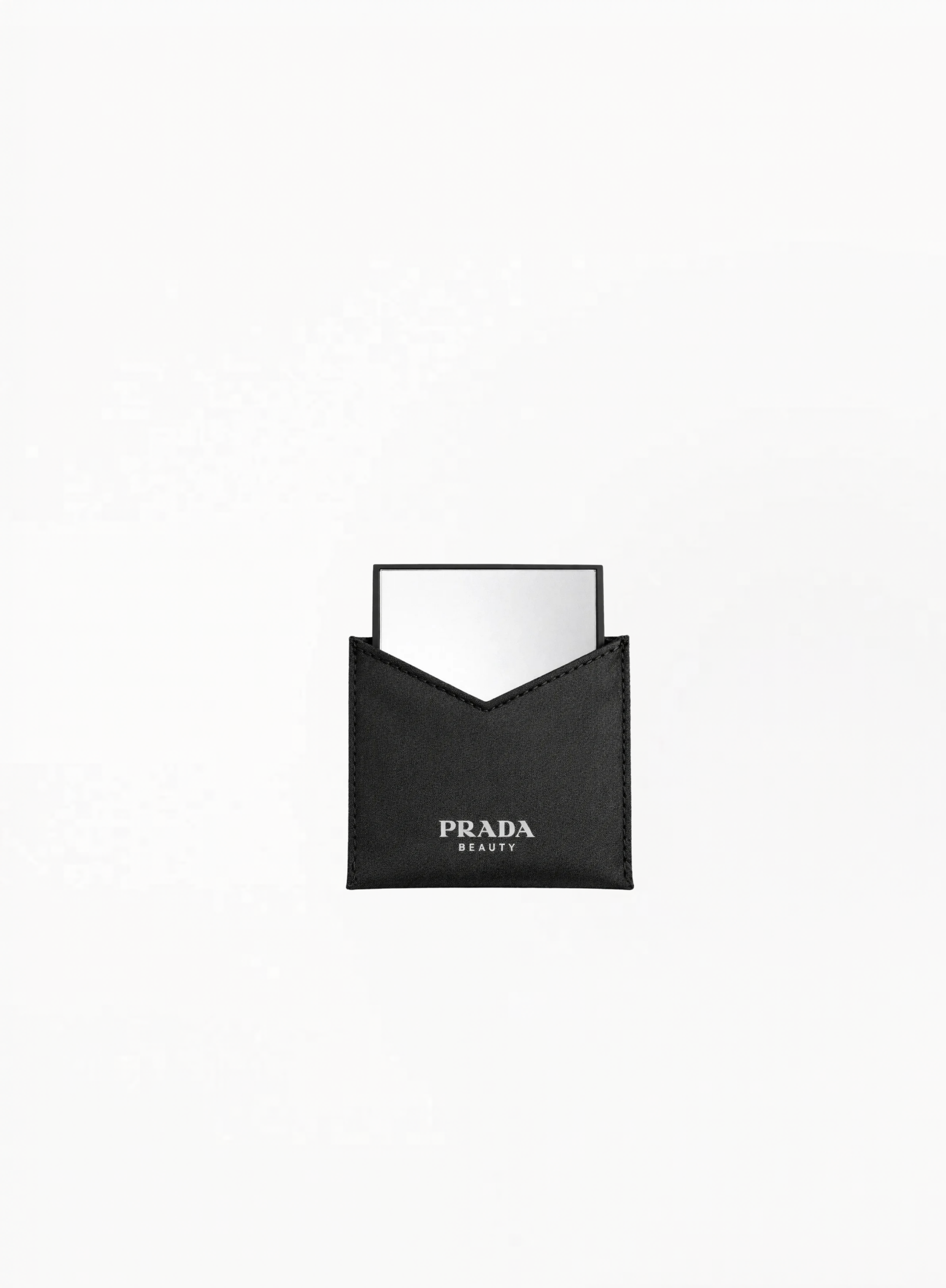 Prada black mirror with mini pouch in compact branded design on white background.