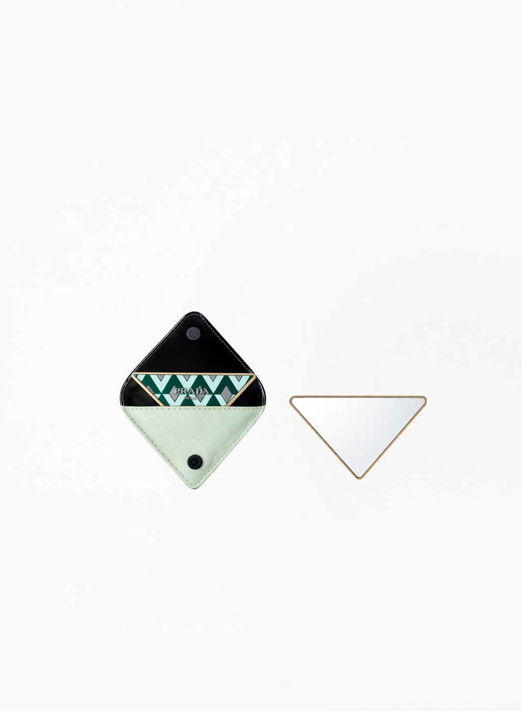 Prada ultra rare double-sided mirror from the newest collection with compact luxury design on white background.
