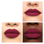 Lipstick shade 777 Berry Alchemy on lips with 'Luxurious Velvet' label