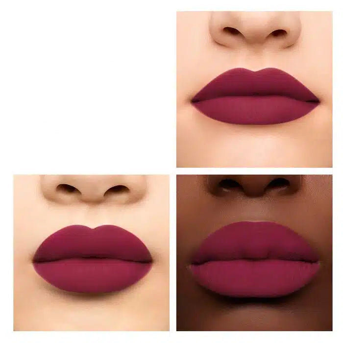 Lipstick shade 777 Berry Alchemy on lips with 'Luxurious Velvet' label