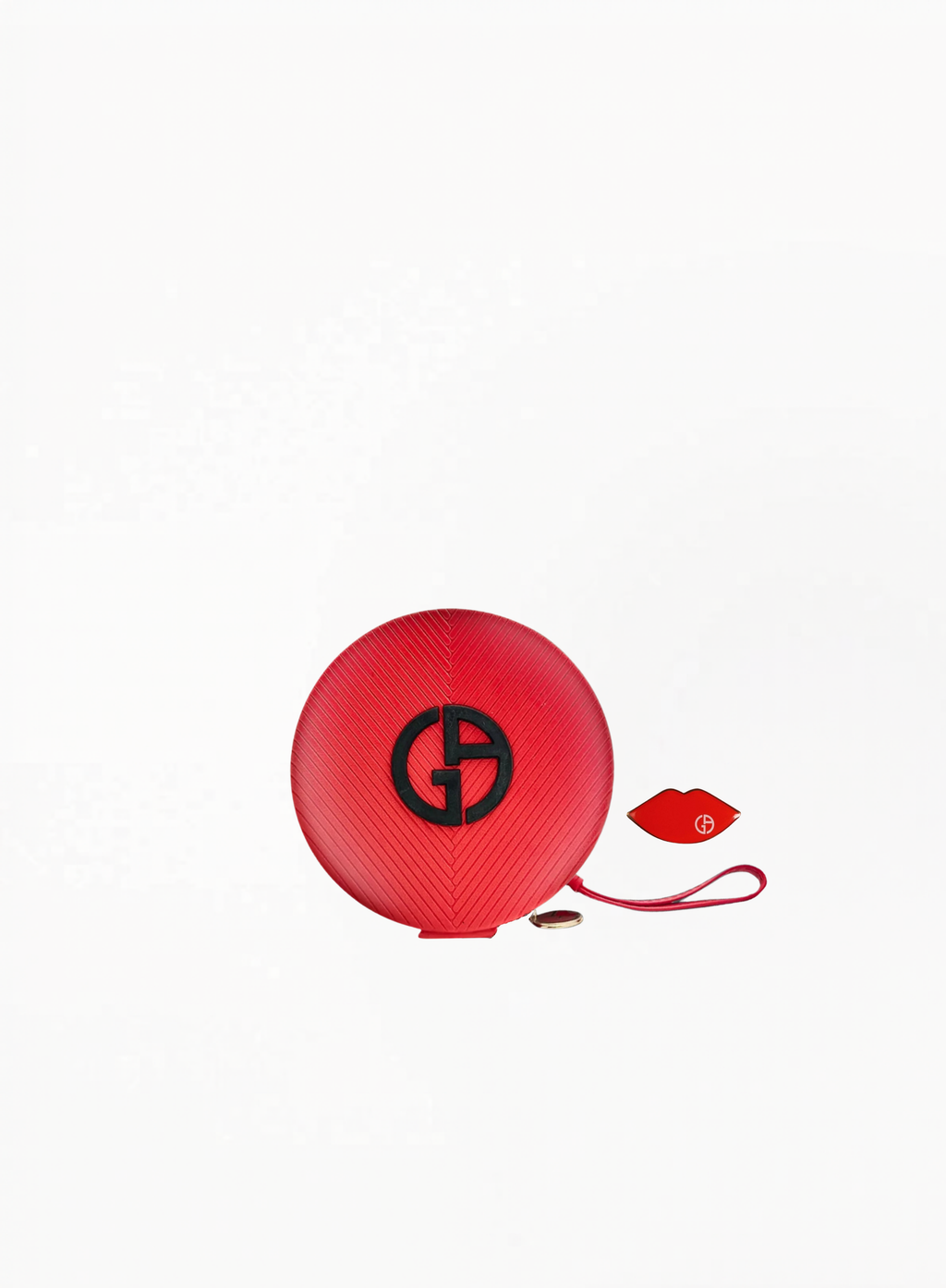Red Giorgio Armani round cosmetic pouch with black embossed logo and matching mini accessory on a white background.
