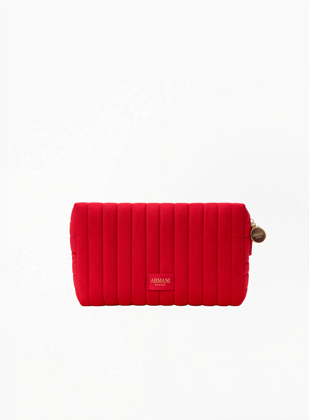 Red quilted Armani cosmetic pouch with vertical stitching and logo detail on a white background.
