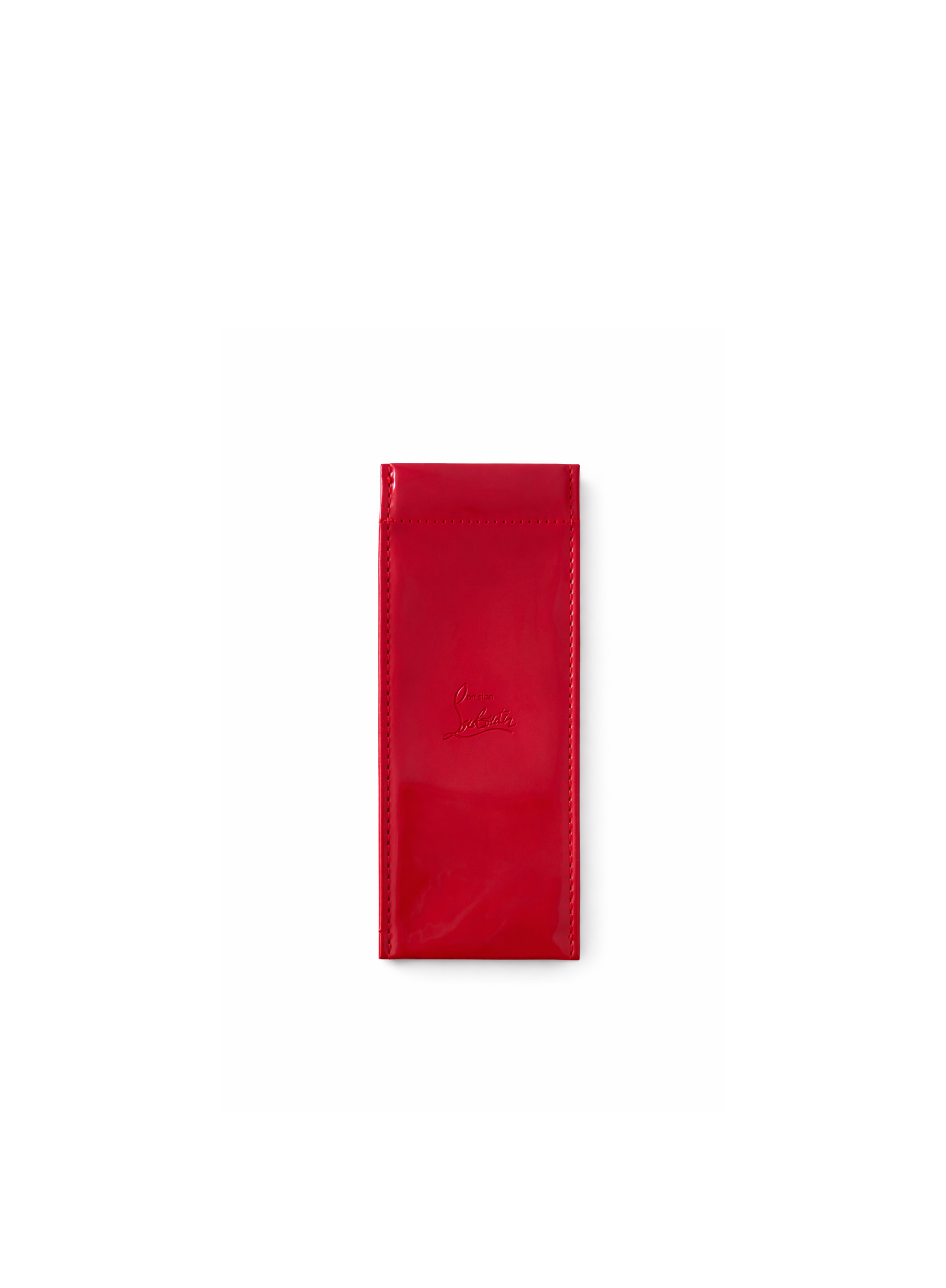 Christian Louboutin red glossy lipstick case on a white background
