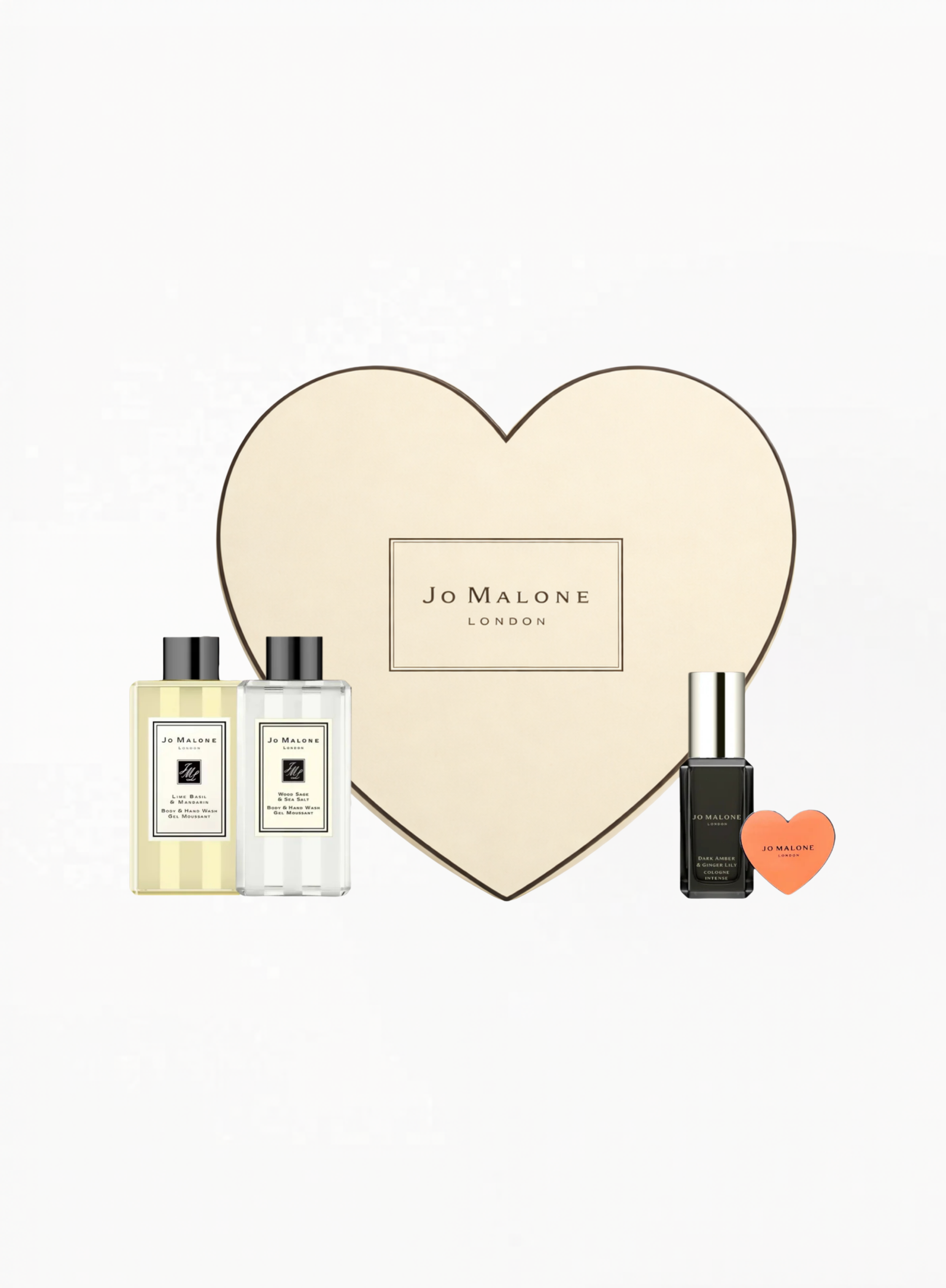Jo Malone Mini Set – DARK AMBER & GINGER LILY COLOGNE INTENSE 9ml  + Body Wash Duo 15ML + Magnetic Heart Accessory