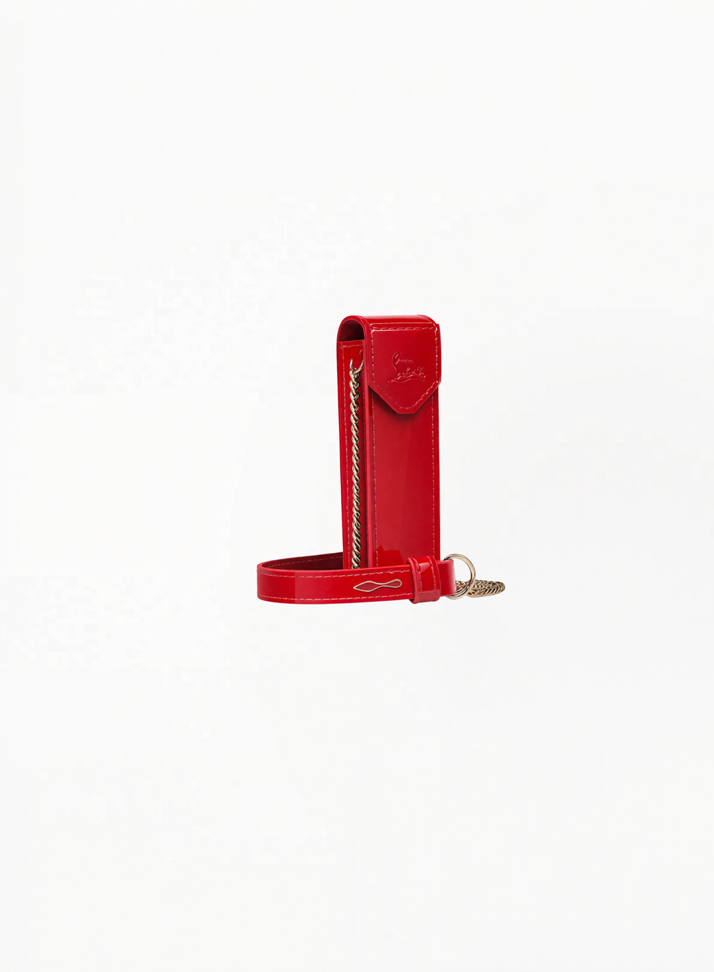 christian louboutin glossy bag with shoulder strap, chain, Red leather pouch with a strap on a white background