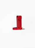 christian louboutin glossy bag with shoulder strap, chain, Red leather pouch with a strap on a white background