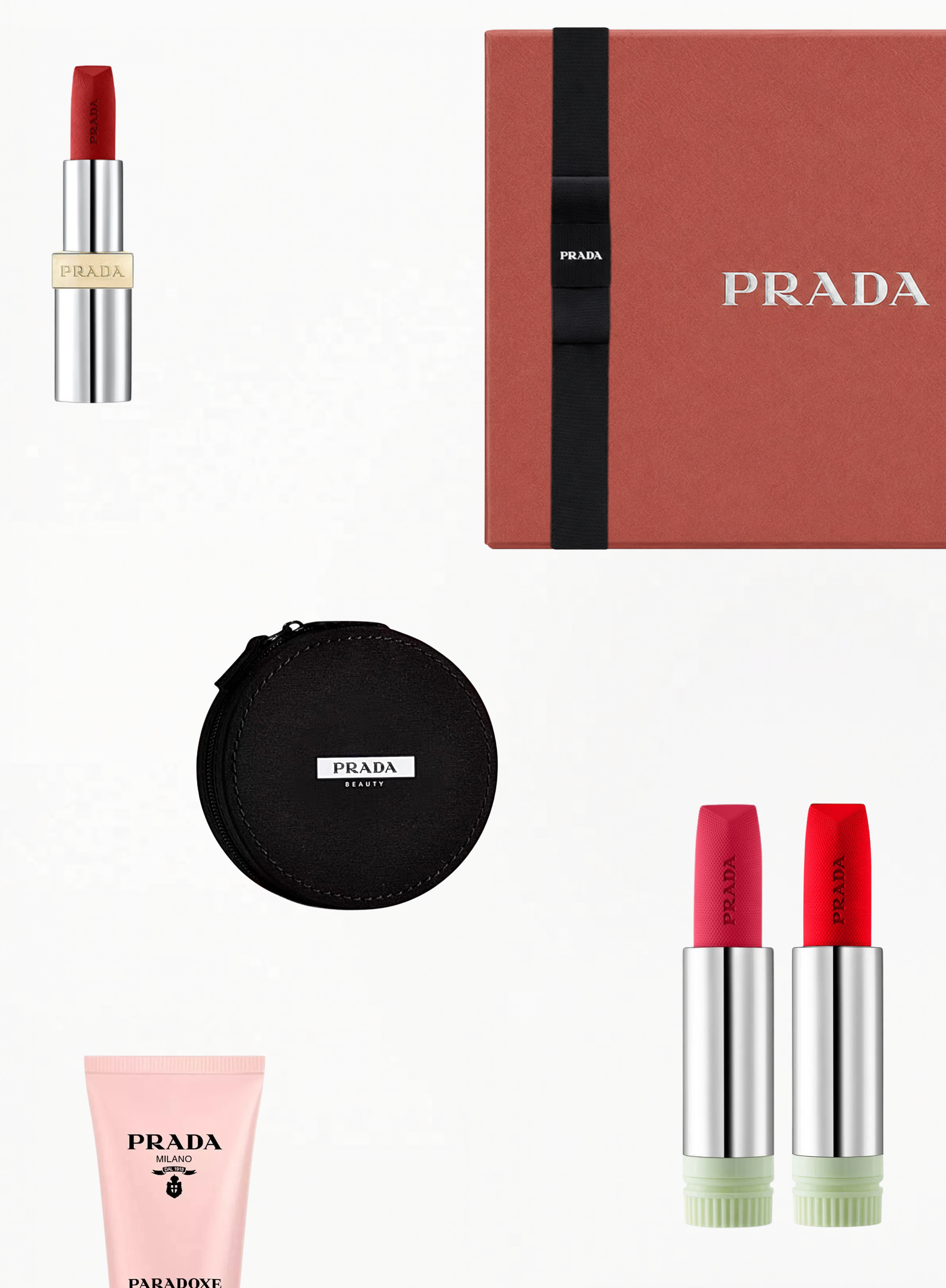 Prada Limited Edition Lipstick Set R28 & Refill P157 Refill 128 with Cosmetics Bag