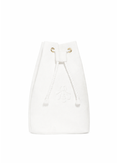Guerlain white drawstring cosmetic pouch with embroidered bee logo on white background
