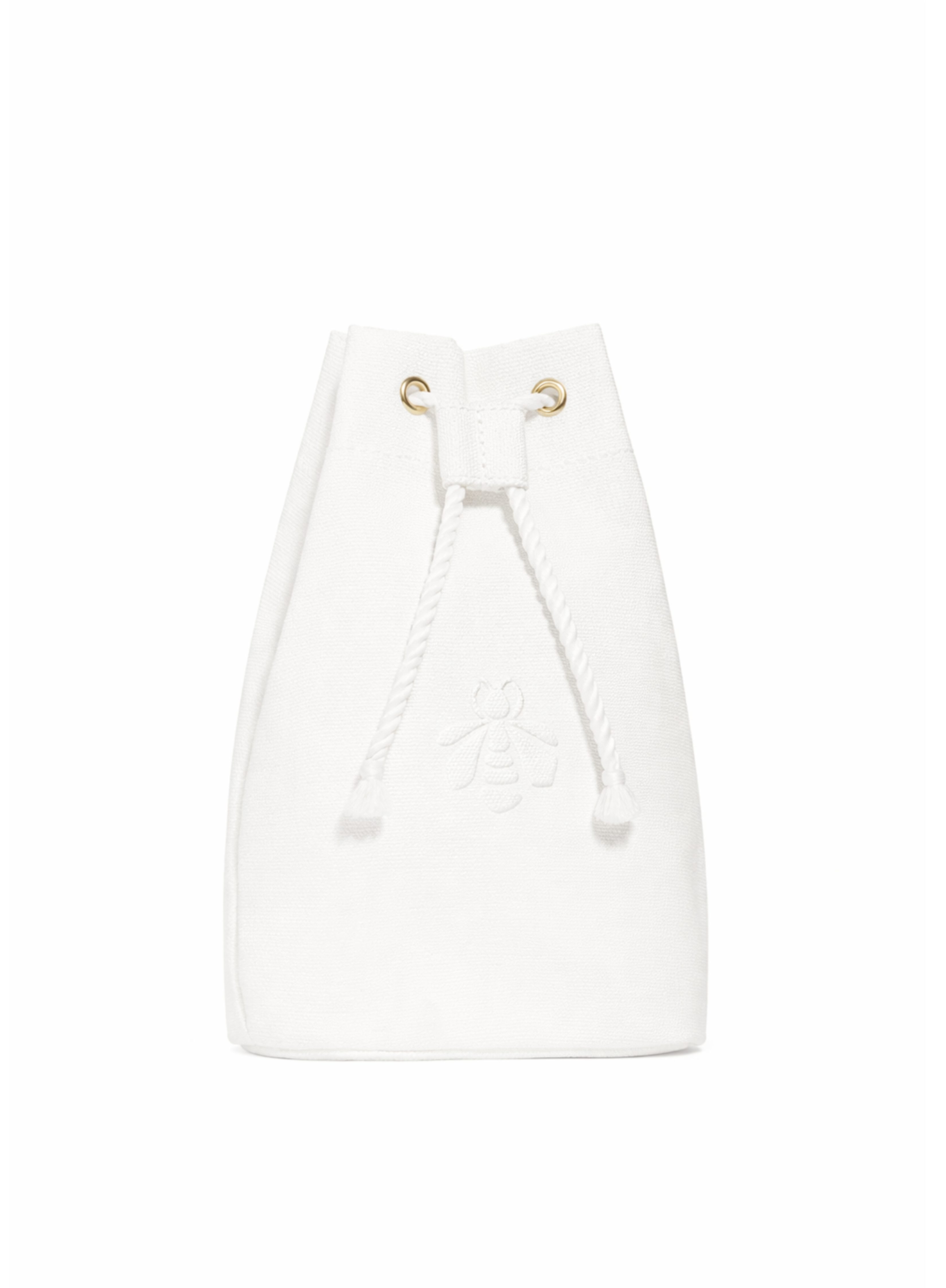 Guerlain white drawstring cosmetic pouch with embroidered bee logo on white background
