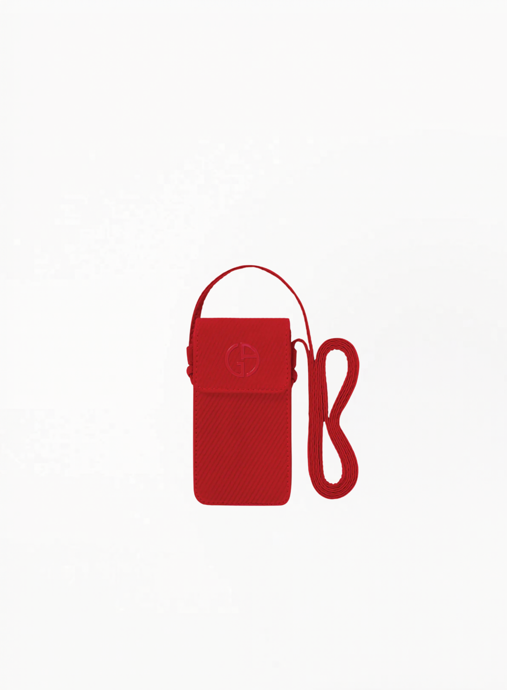 Giorgio Armani red lipstick bag with matching Armani lip charm, compact faux leather cosmetic pouch in vibrant red, designed for storing beauty essentials and luxury makeup accessories.