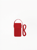 Giorgio Armani red lipstick bag with matching Armani lip charm, compact faux leather cosmetic pouch in vibrant red, designed for storing beauty essentials and luxury makeup accessories.