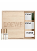 Loewe wooden box gift set with rollerball perfumes and perfumable ceramics on white background