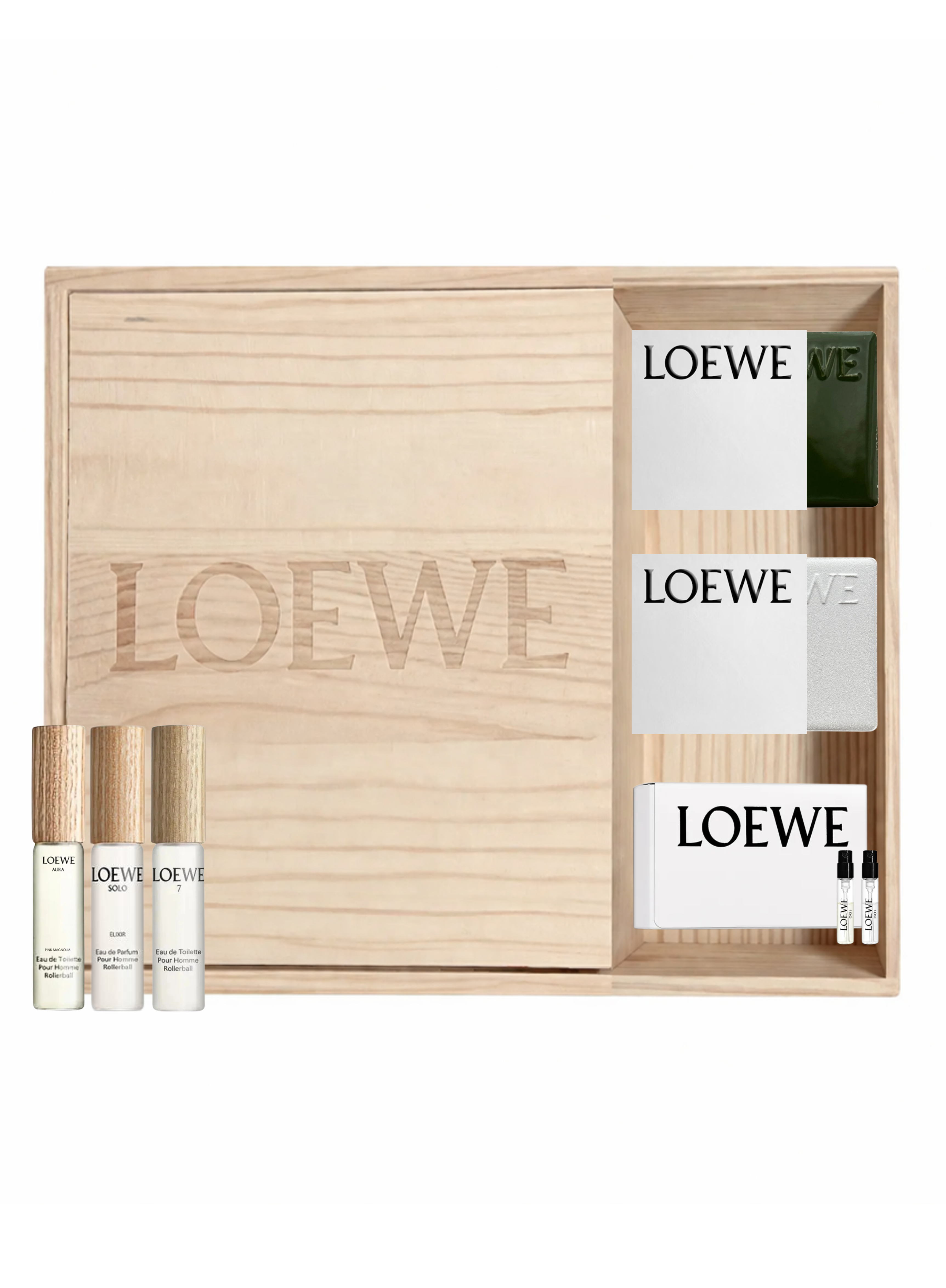 Loewe wooden box gift set with rollerball perfumes and perfumable ceramics on white background