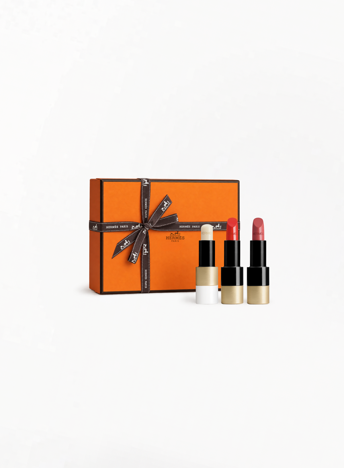 HERMÈS Limited Edition Trio Gift Set – Lip Care Balm, Satin Lipstick 75 Rouge Amazone And Satin Lipstick 21 Rose Épicé