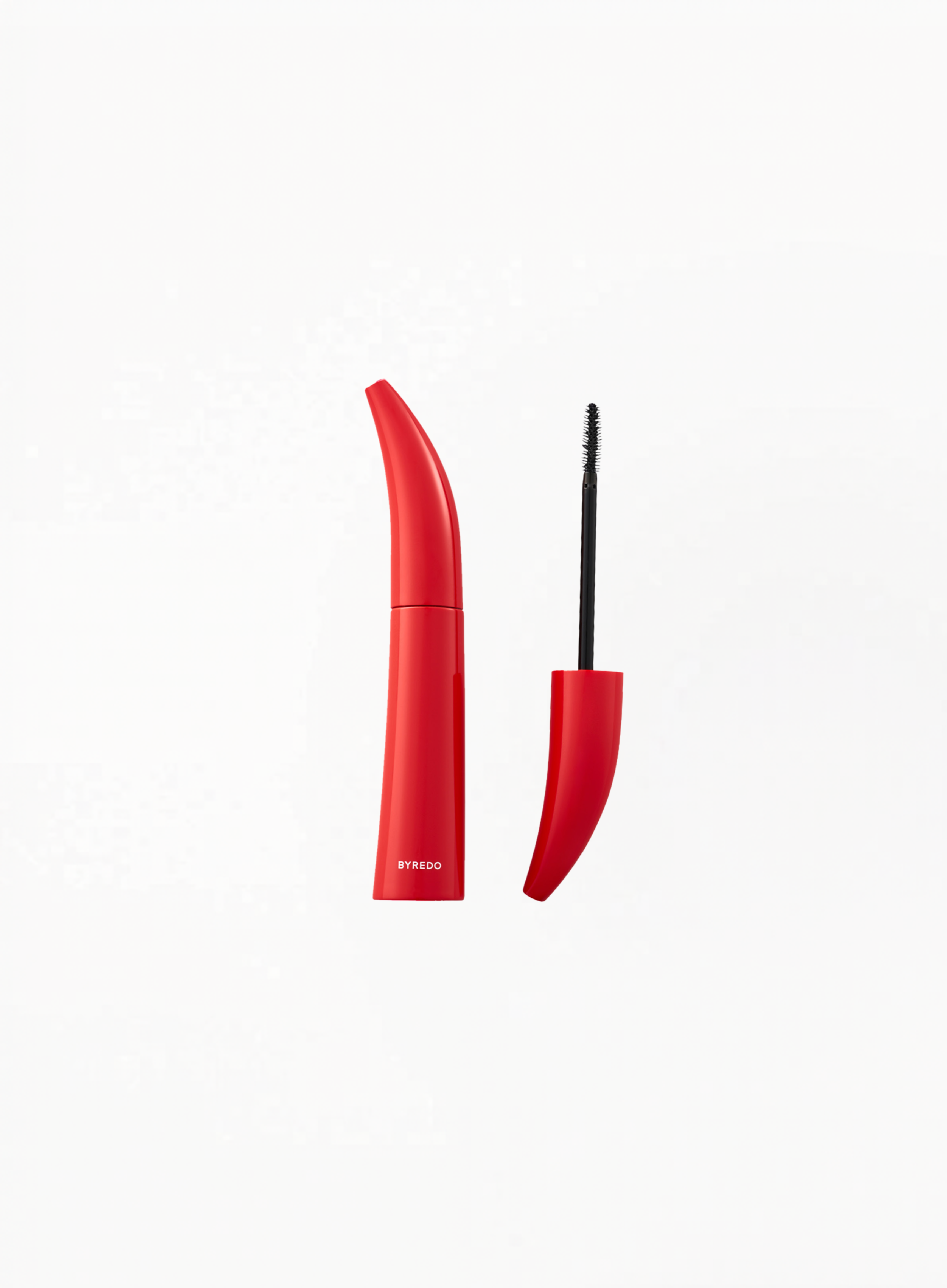 BYREDO Astronomical Mascara in a bold red refillable tube with the cap removed, revealing the volumizing mascara wand on a white background.