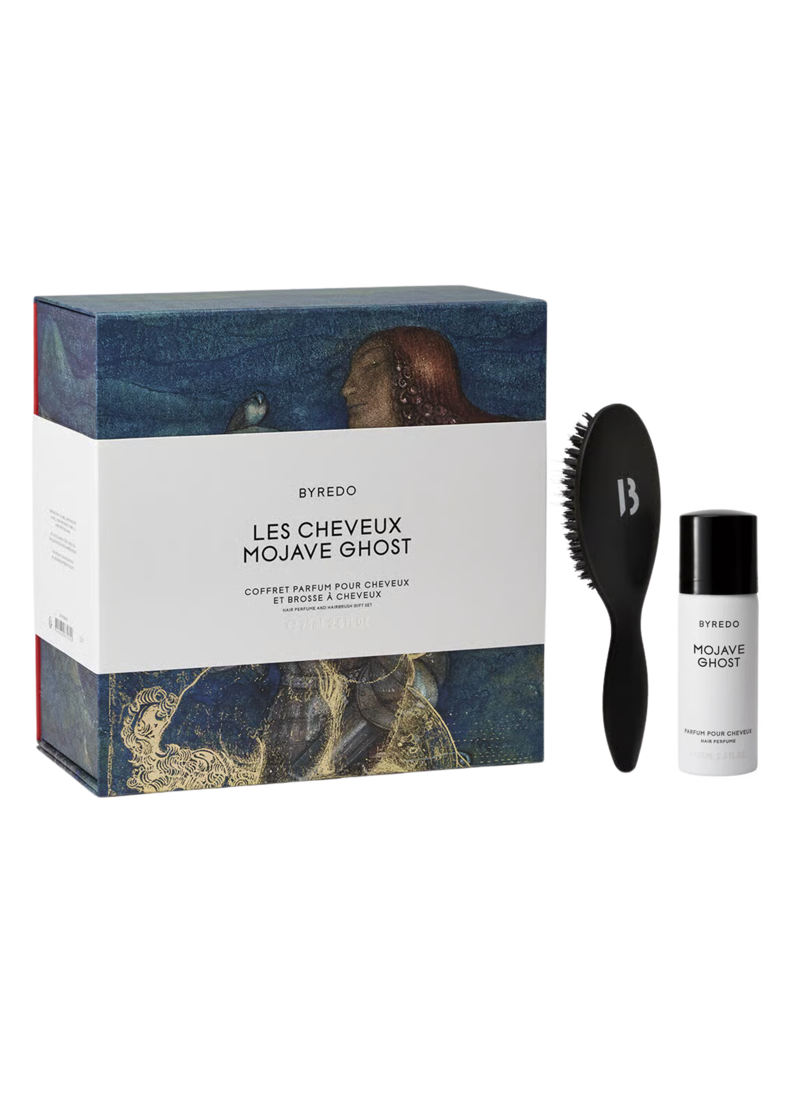 Byredo hair care set with box, brush, and bottle on a white background