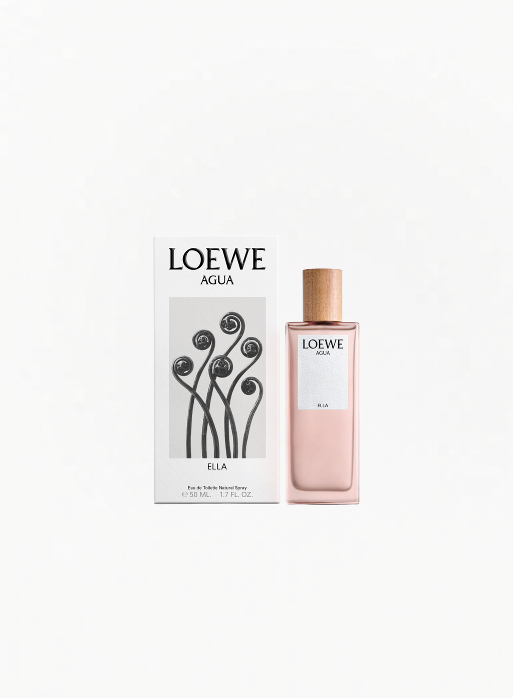 LOEWE Agua Ella Eau de Toilette 50ml bottle with a natural wooden cap displayed beside its retail box on a clean white background.