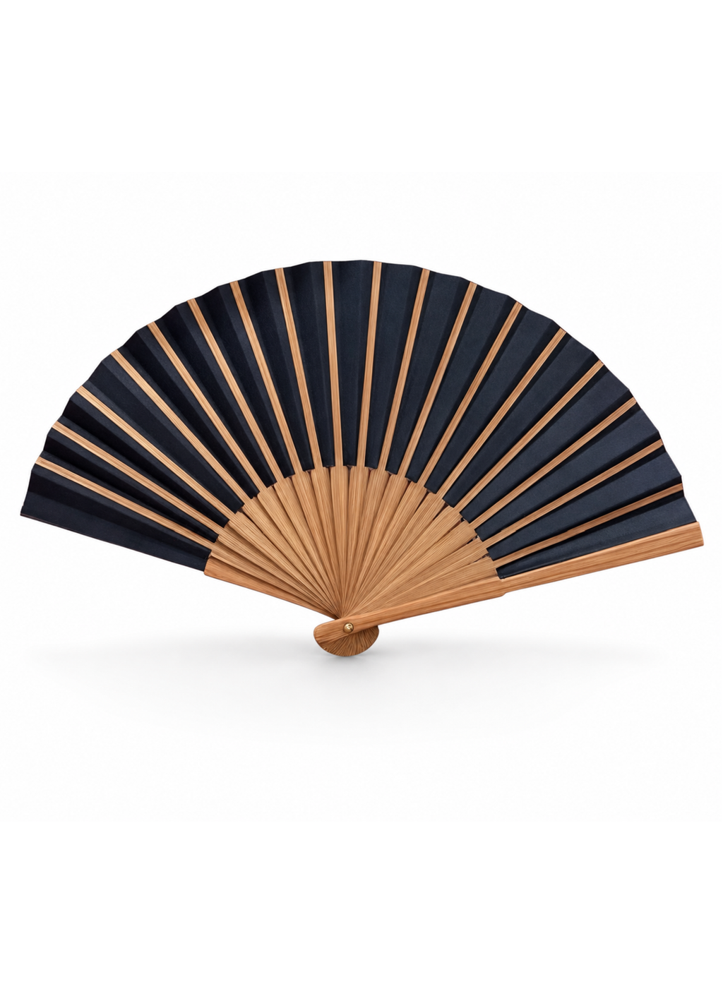 Back view of an open GUERLAIN black fan with natural wooden ribs on a white background.