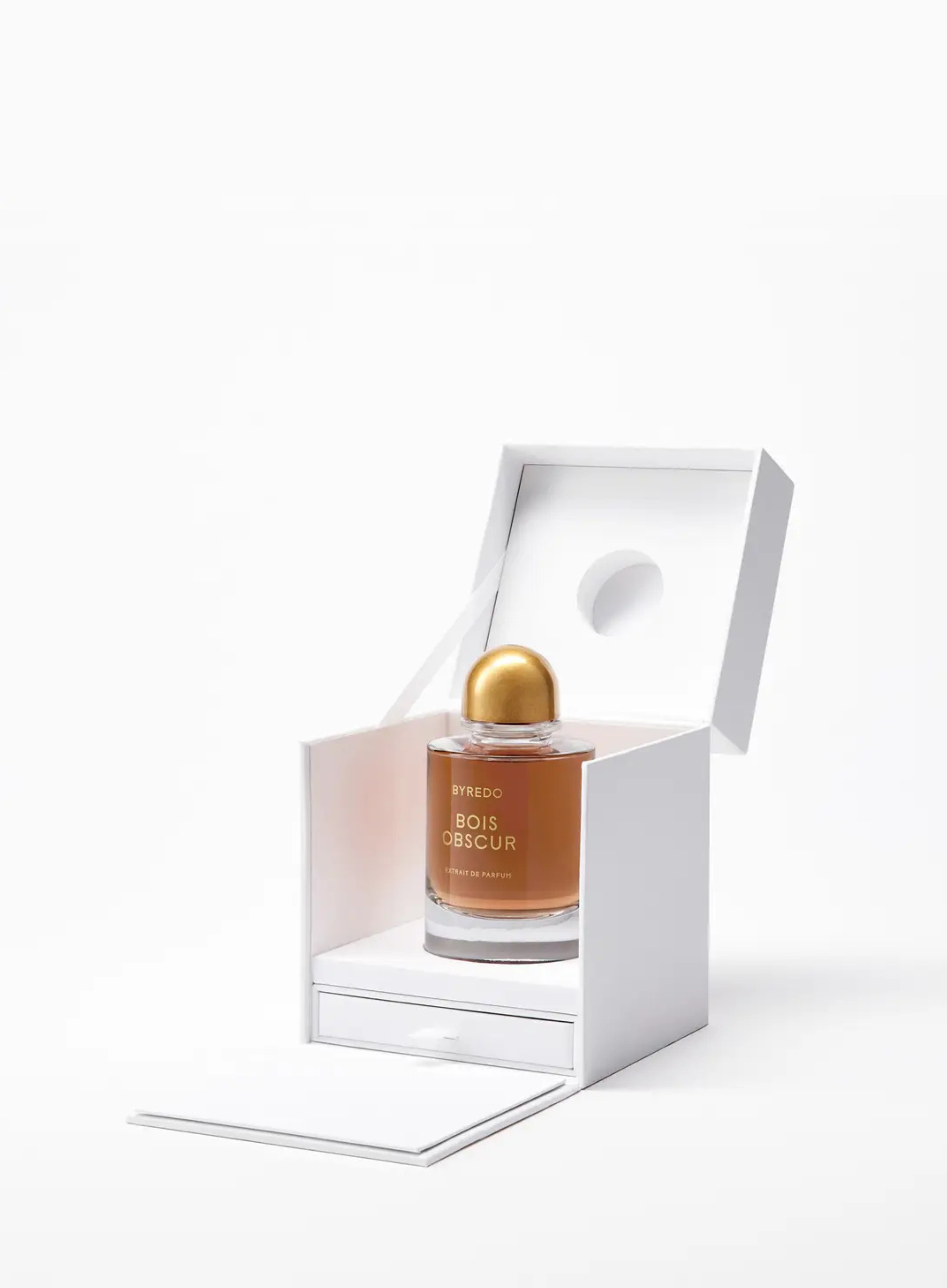 byredo bois obscur extract de parfum in.awhite box with shadow and white-gray background