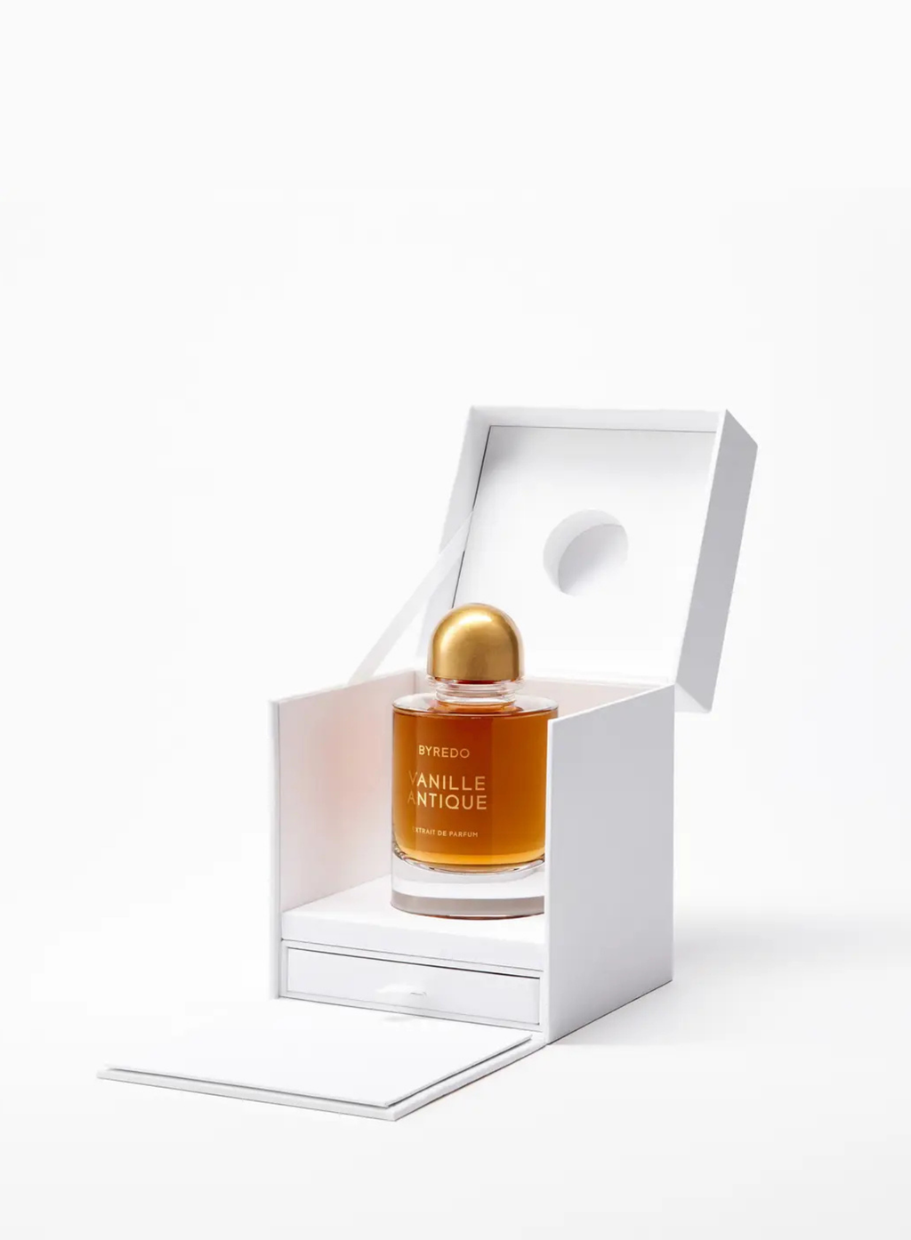 byredo vanille antique placed in white box with slight shadow on a white-gray background