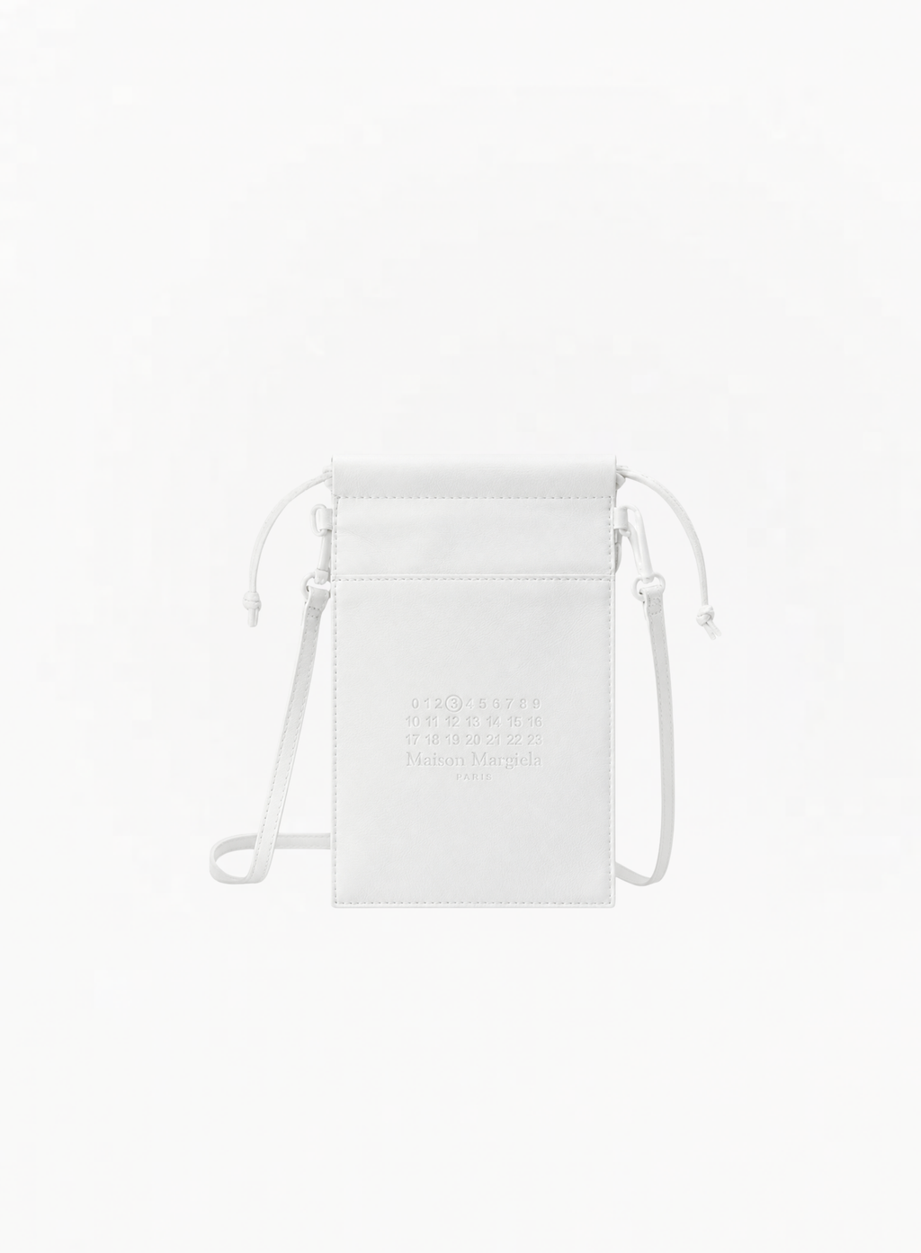Maison Margiela white leather-effect tote bag featuring a monochromatic design, matching white drawstring closure, and a slim white crossbody strap against a plain white background. The front showcases the brand's signature numeric logo subtly embossed in white, with the number 3 circled.