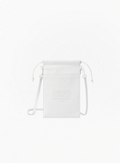 Maison Margiela white leather-effect tote bag featuring a monochromatic design, matching white drawstring closure, and a slim white crossbody strap against a plain white background. The front showcases the brand's signature numeric logo subtly embossed in white, with the number 3 circled.