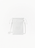 Maison Margiela white leather-effect tote bag featuring a monochromatic design, matching white drawstring closure, and a slim white crossbody strap against a plain white background. The front showcases the brand's signature numeric logo subtly embossed in white, with the number 3 circled.