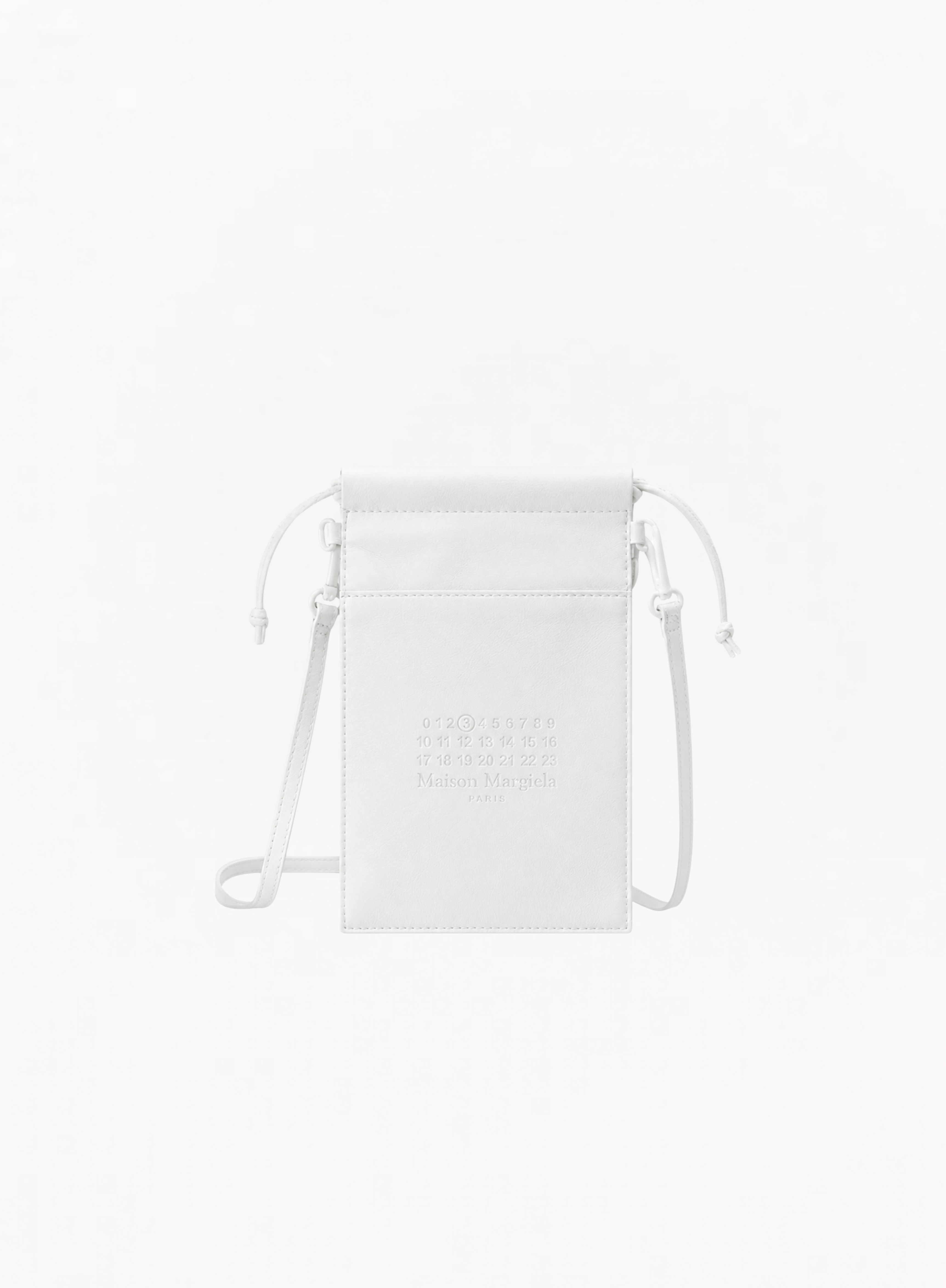 Maison Margiela white leather-effect tote bag featuring a monochromatic design, matching white drawstring closure, and a slim white crossbody strap against a plain white background. The front showcases the brand's signature numeric logo subtly embossed in white, with the number 3 circled.