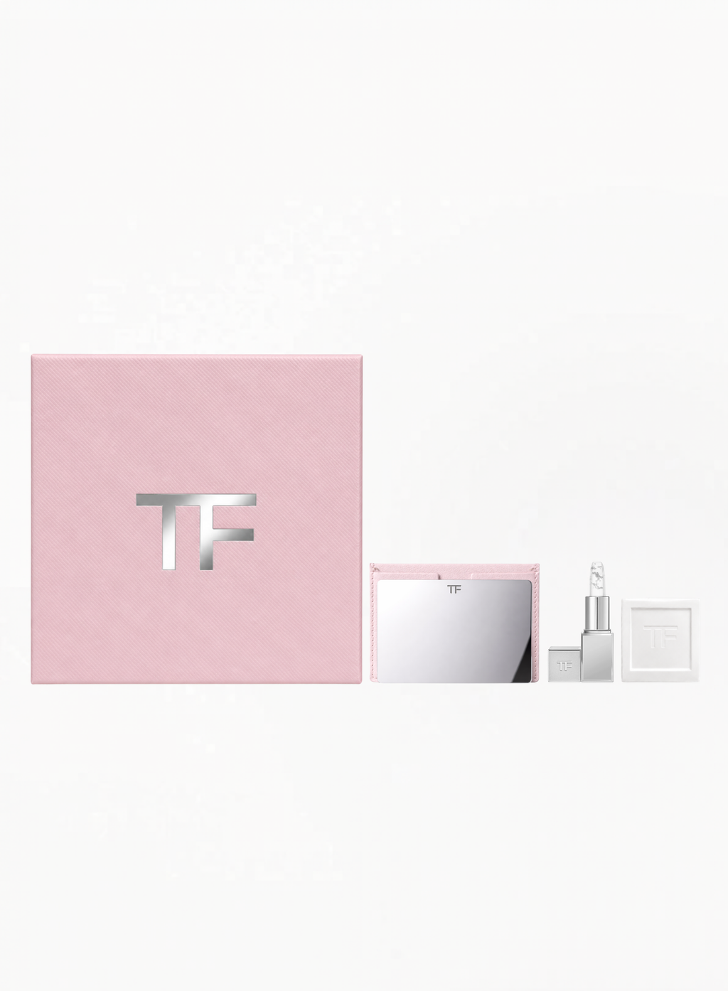 Tom Ford Soleil Neige Lip Blush pink gift set with mirrored compact and matching luxury packaging on white background – available at Exquisite.