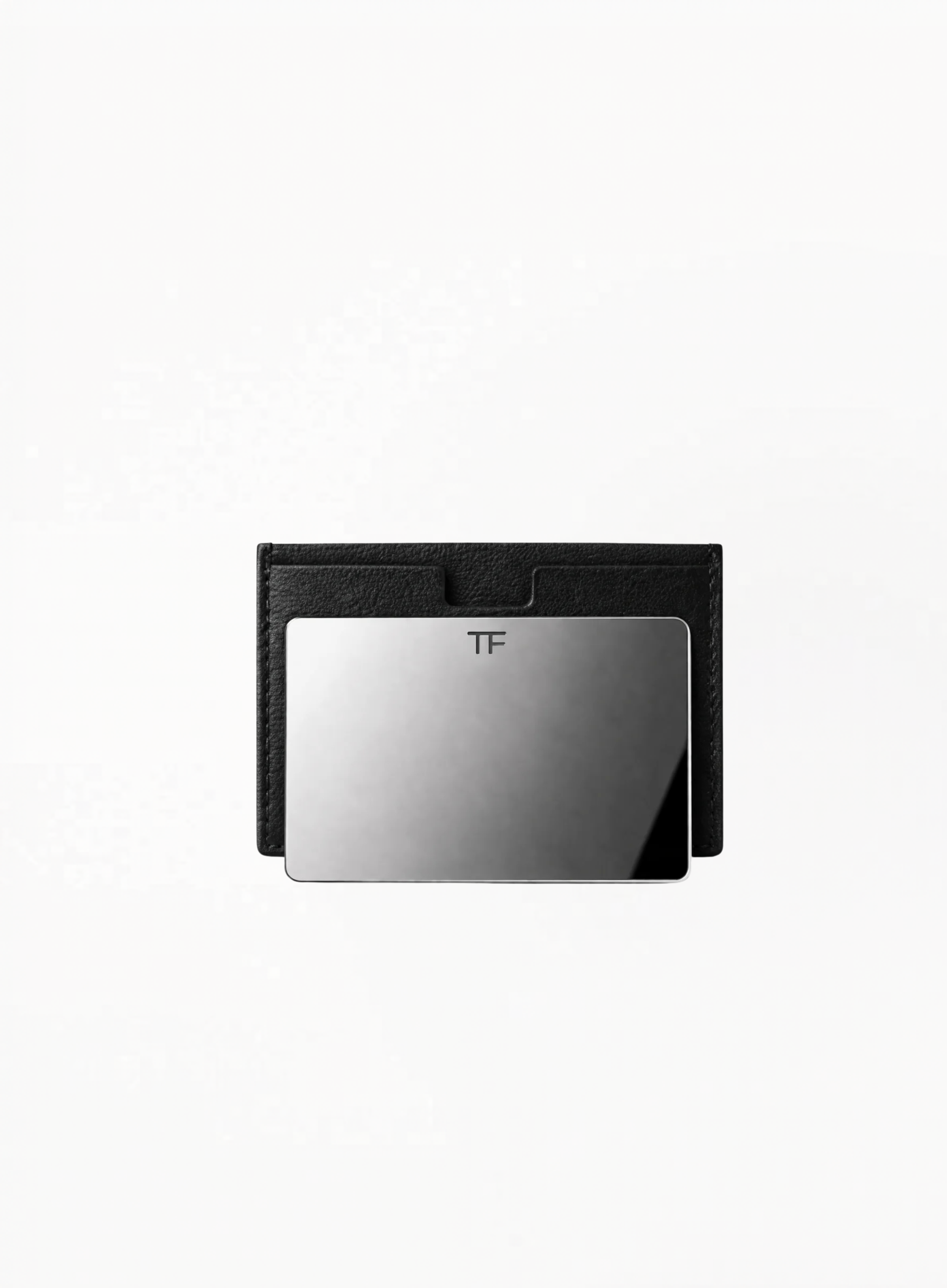 Tom Ford black mirror card with black leather-effect case and TF logo, photographed on a clean background. Authentic Tom Ford accessory available at Exquisite.