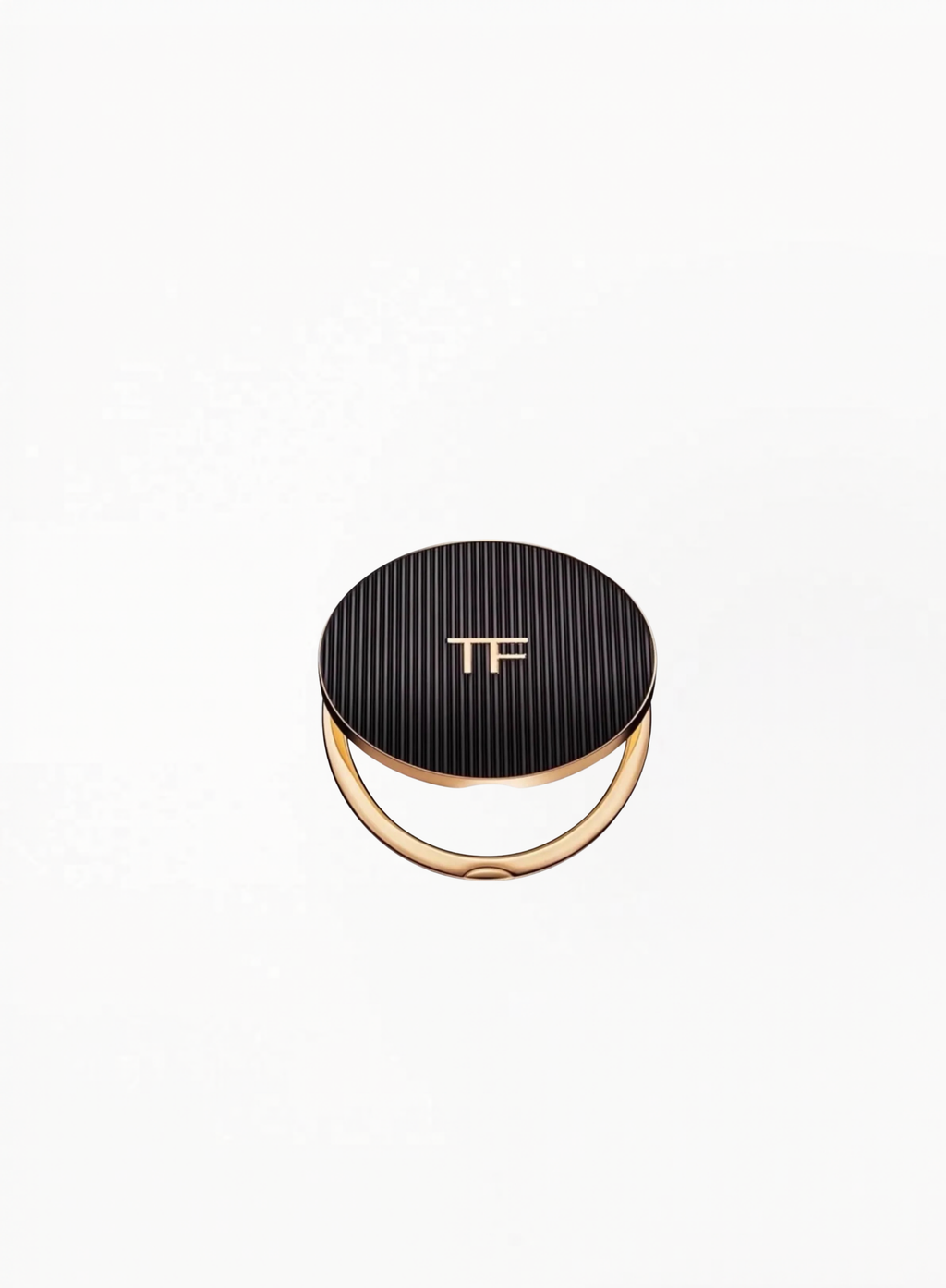 Tom Ford ultra-rare striped black mirror ring holder from the newest collection with gold-tone detailing and TF logo, photographed on a clean background. Authentic Tom Ford accessory available at Exquisite.