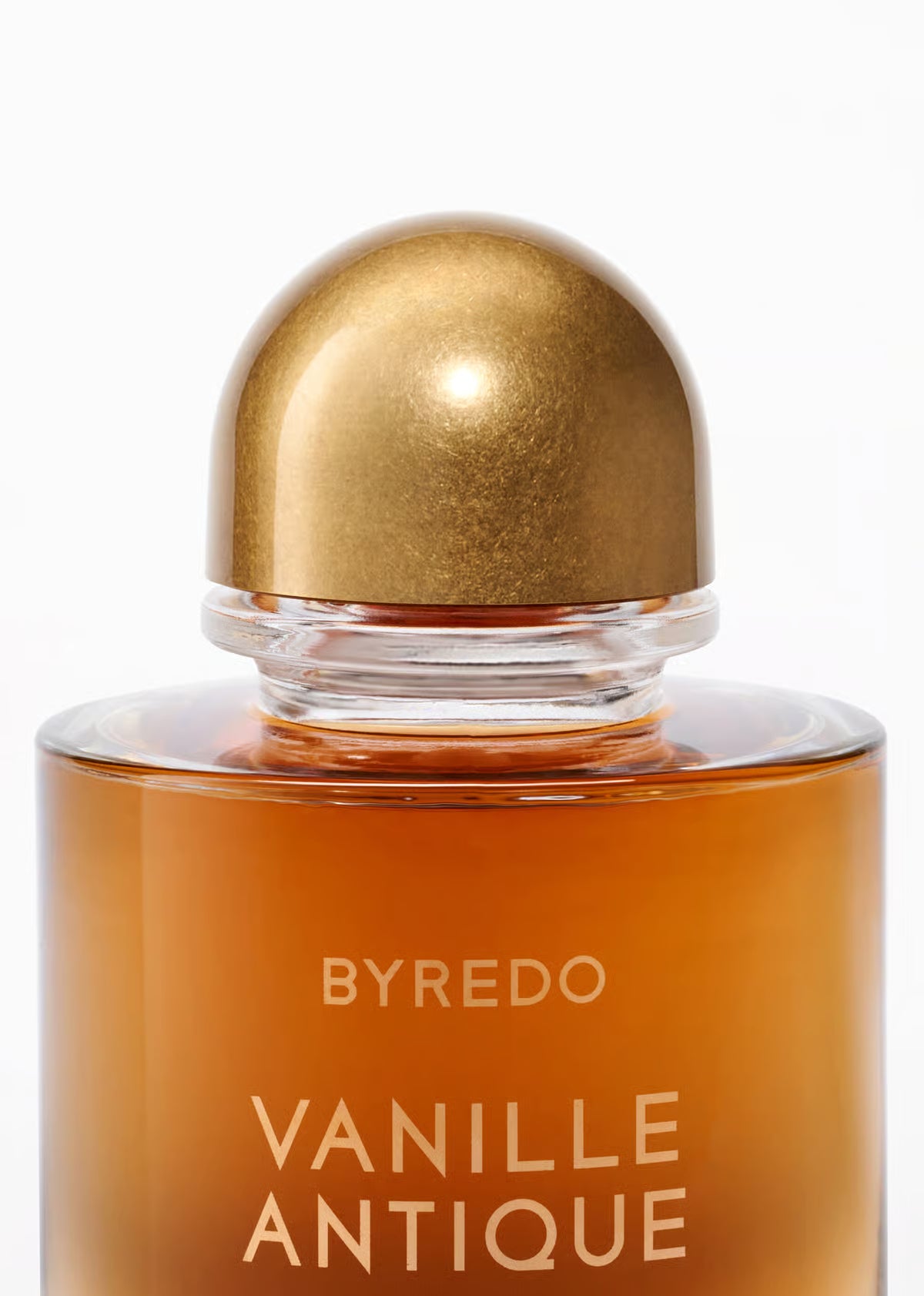 Byredo Vanille Antique perfume bottle with gold cap on a white background